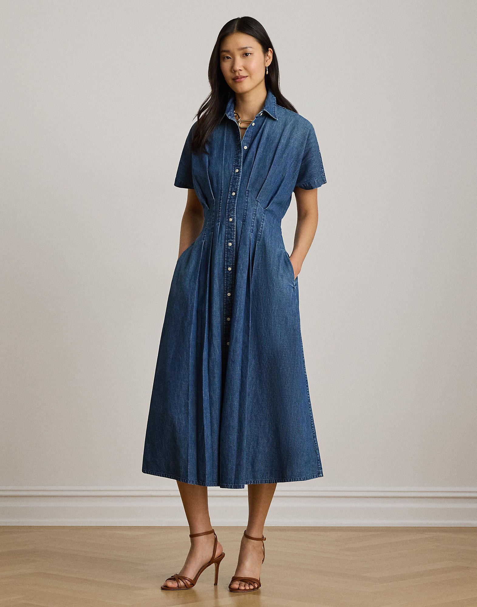Pleated Denim Shirtdress