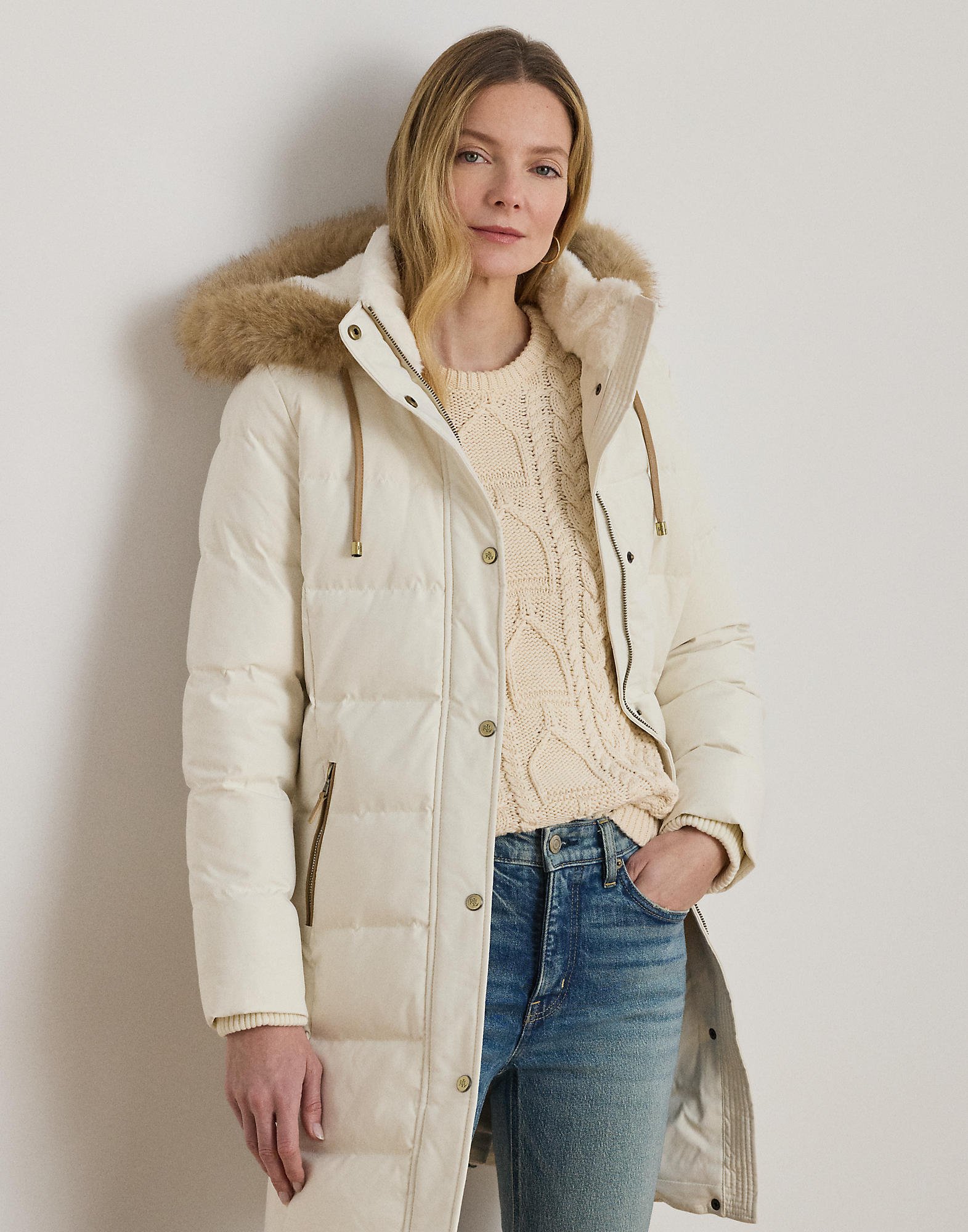 Fauxfur-trim Hooded Down Coat