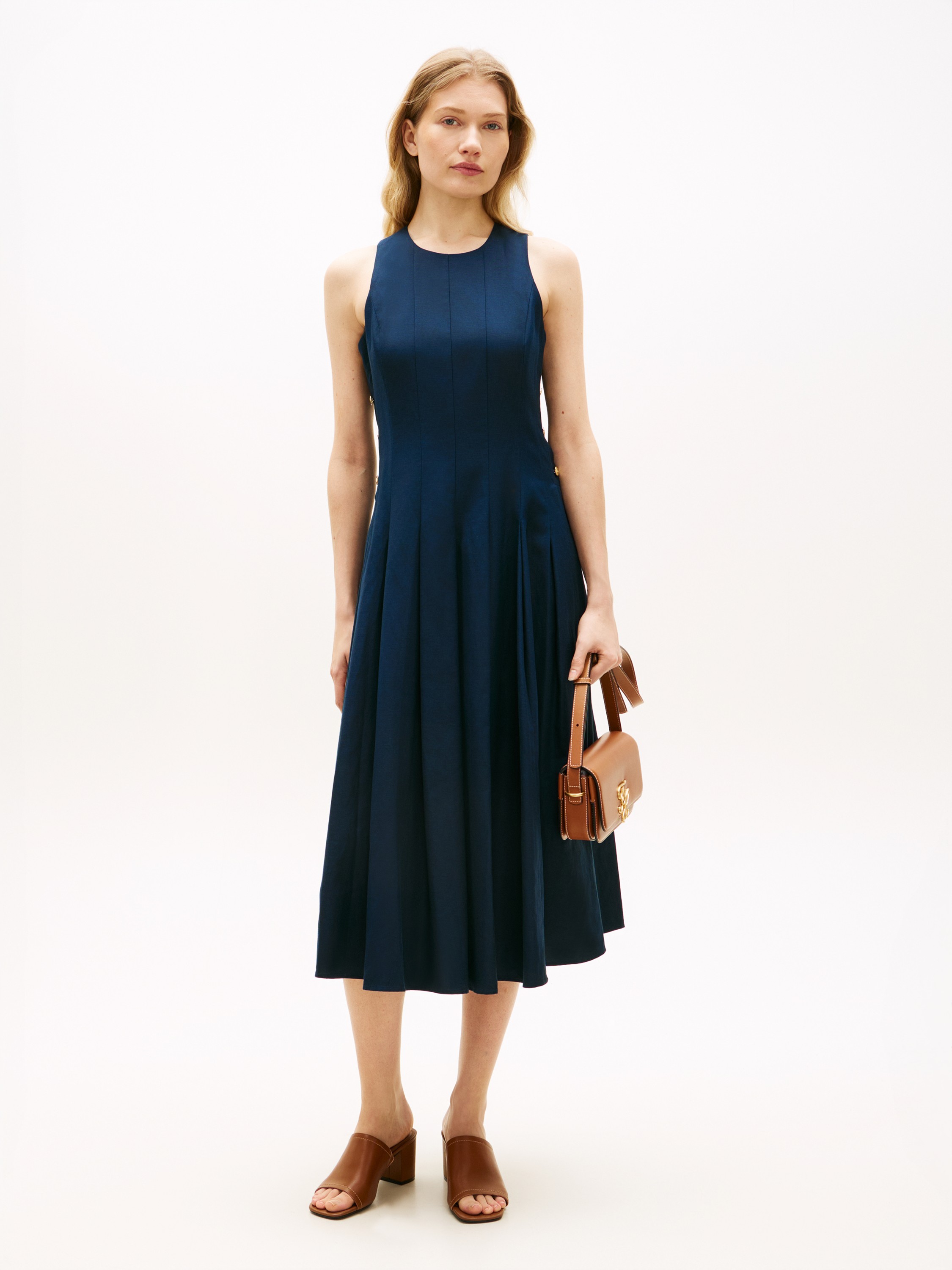 Goldtone Button Linen Blend Midi Dress
