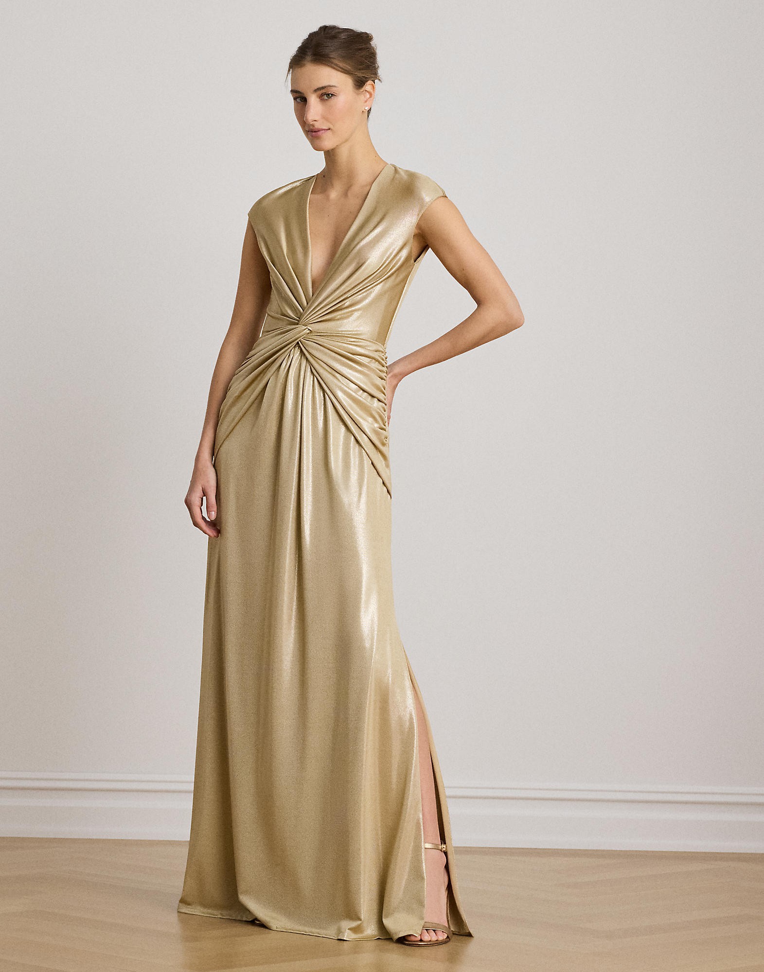 Twistfront Metallic Cap-sleeve Gown