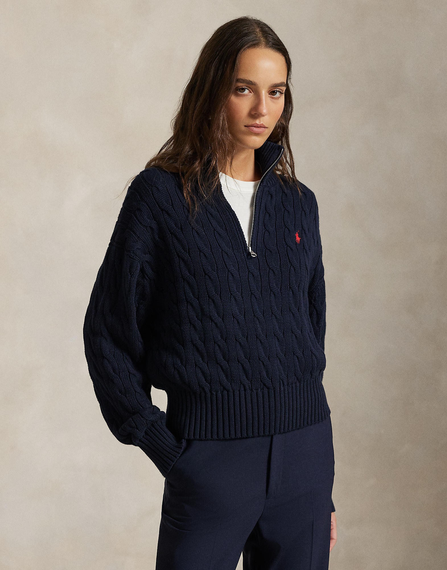 Cableknit Cotton Quarter-zip Sweater
