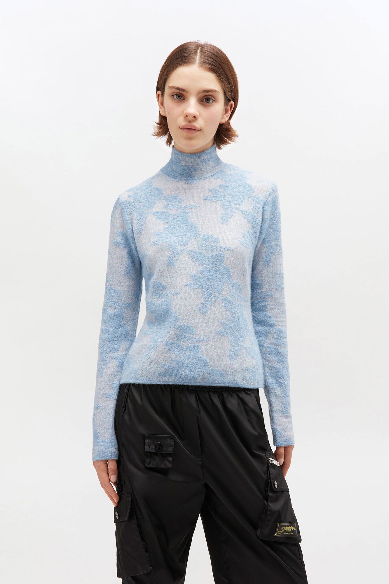 Sheer Flower Jacquard Mockneck