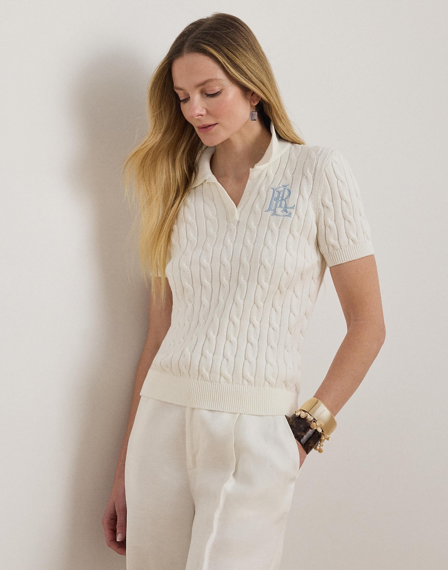 Cableknit Cotton Polo Sweater