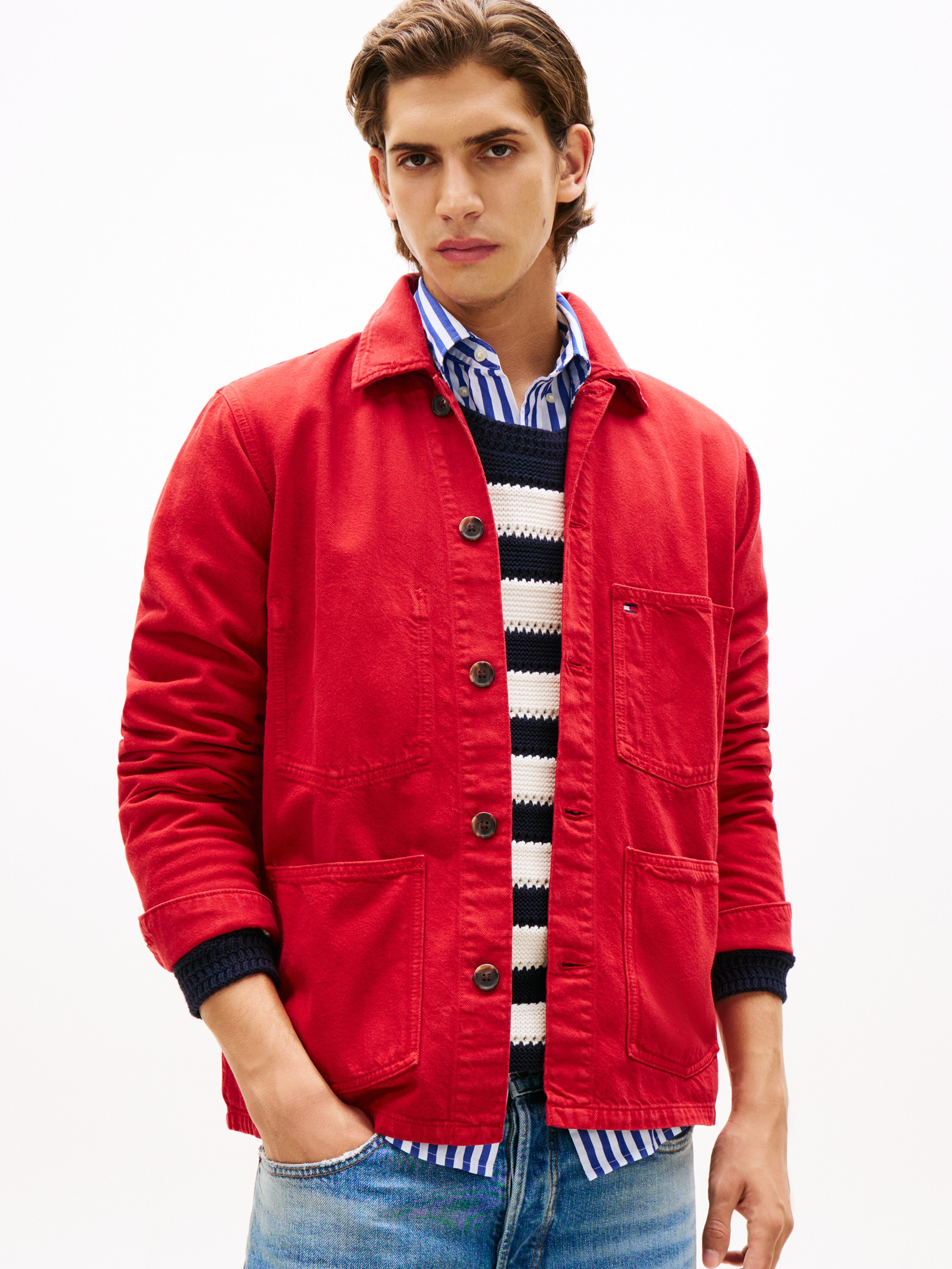 Washed Flag Embroidery Denim Chore Jacket