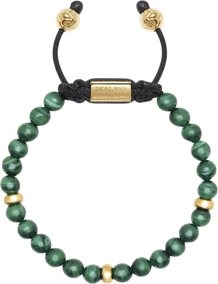 Men&# ; Beaded Bracelet With Malachite And Gold Plating