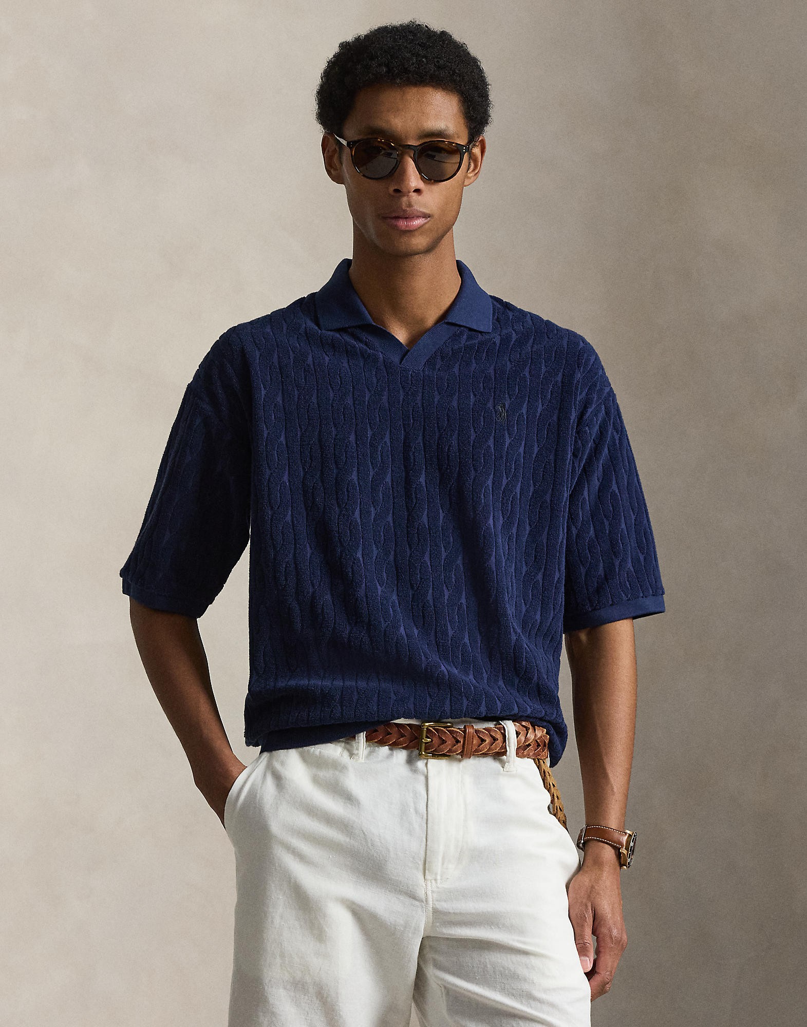 Relaxed Fit Cabled Terry Polo Shirt