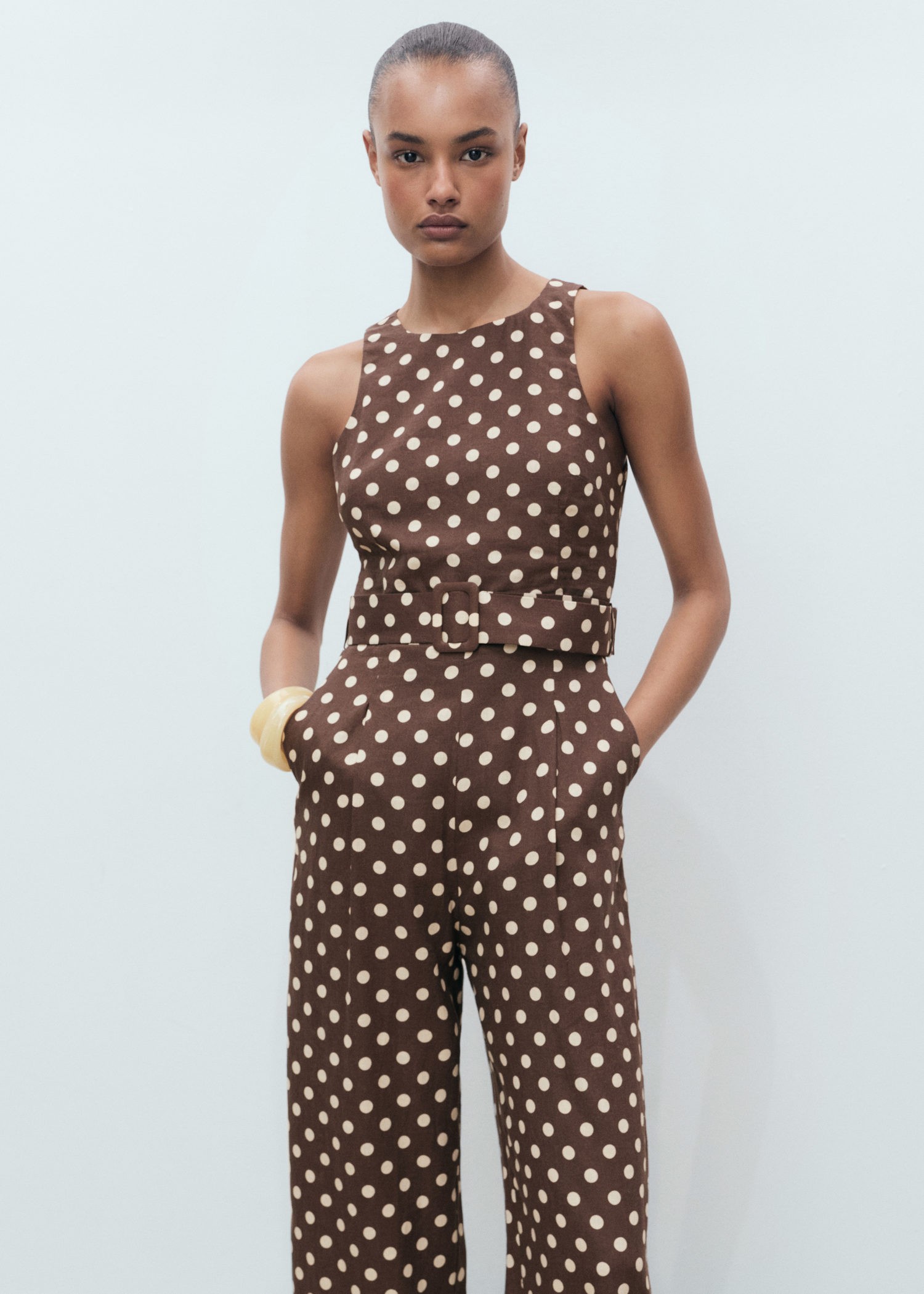 Belted Linen Jumpsuit With Polka do