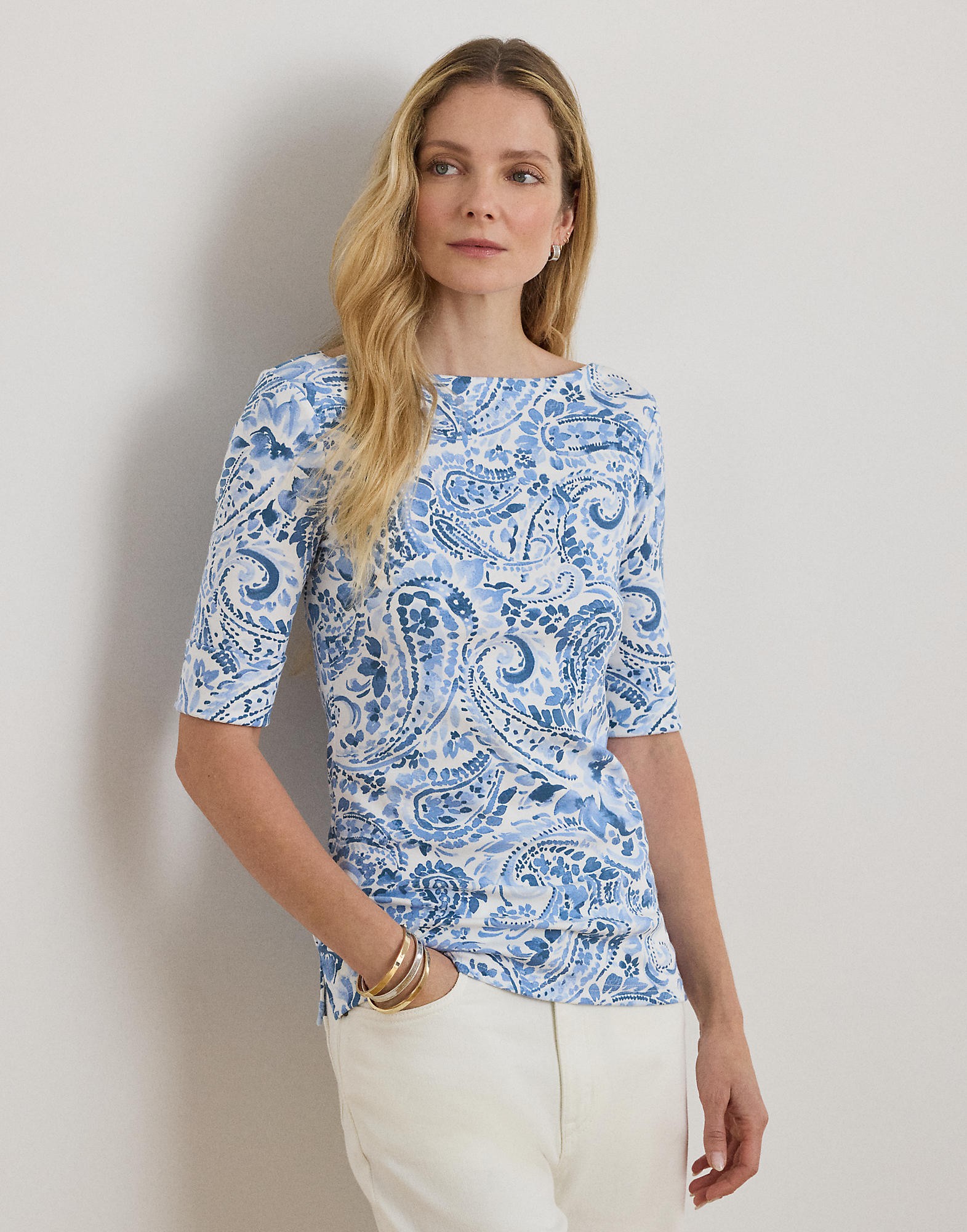 Paisley Stretch Cotton Boatneck Tee - Køb til DKK 446 - Spar 25%