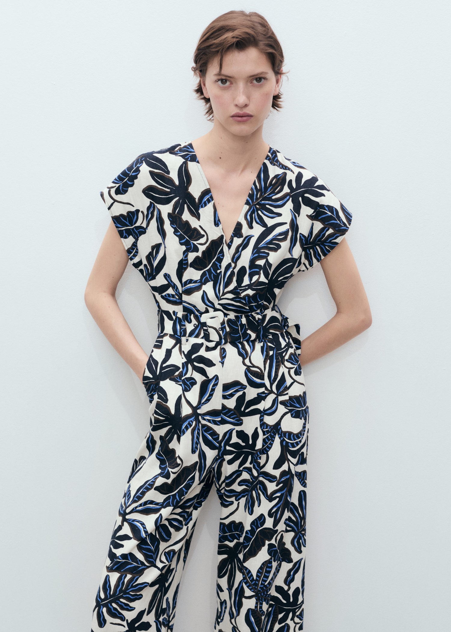 Printed Linen Jumpsuit With Belt
