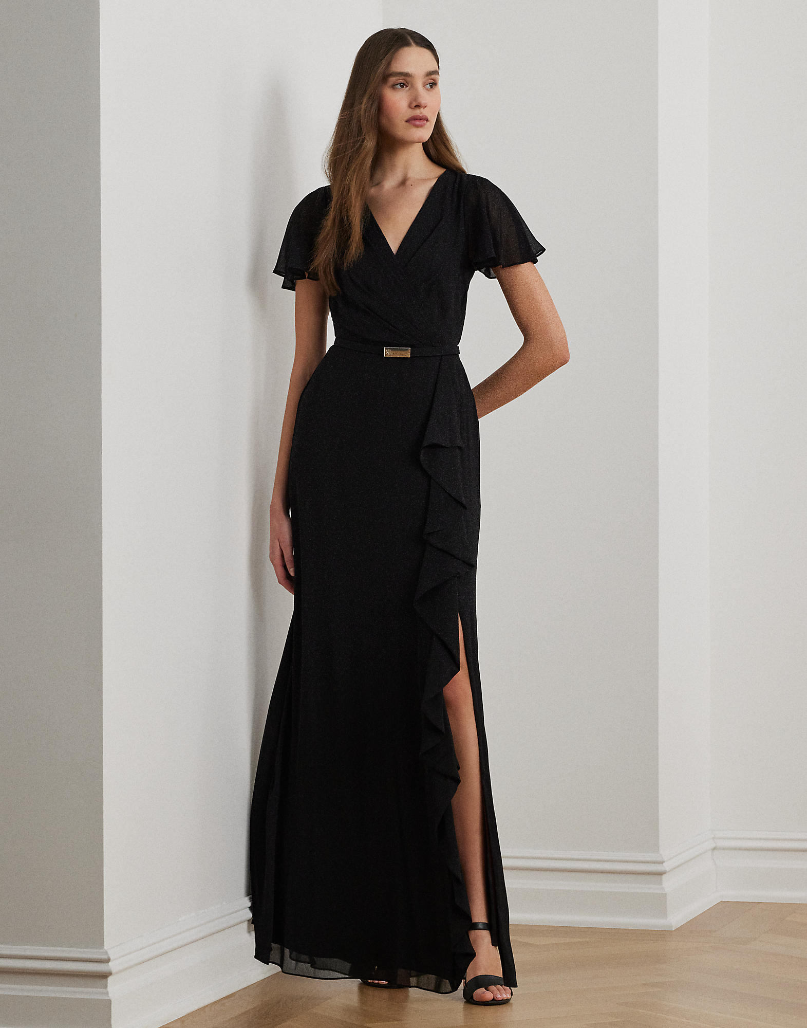 Belted Georgette Fluttersleeve Gown