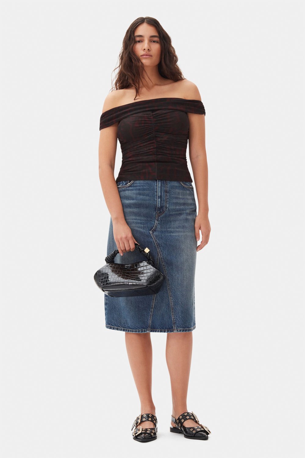 Heavy Washed Denim Midi Skirt