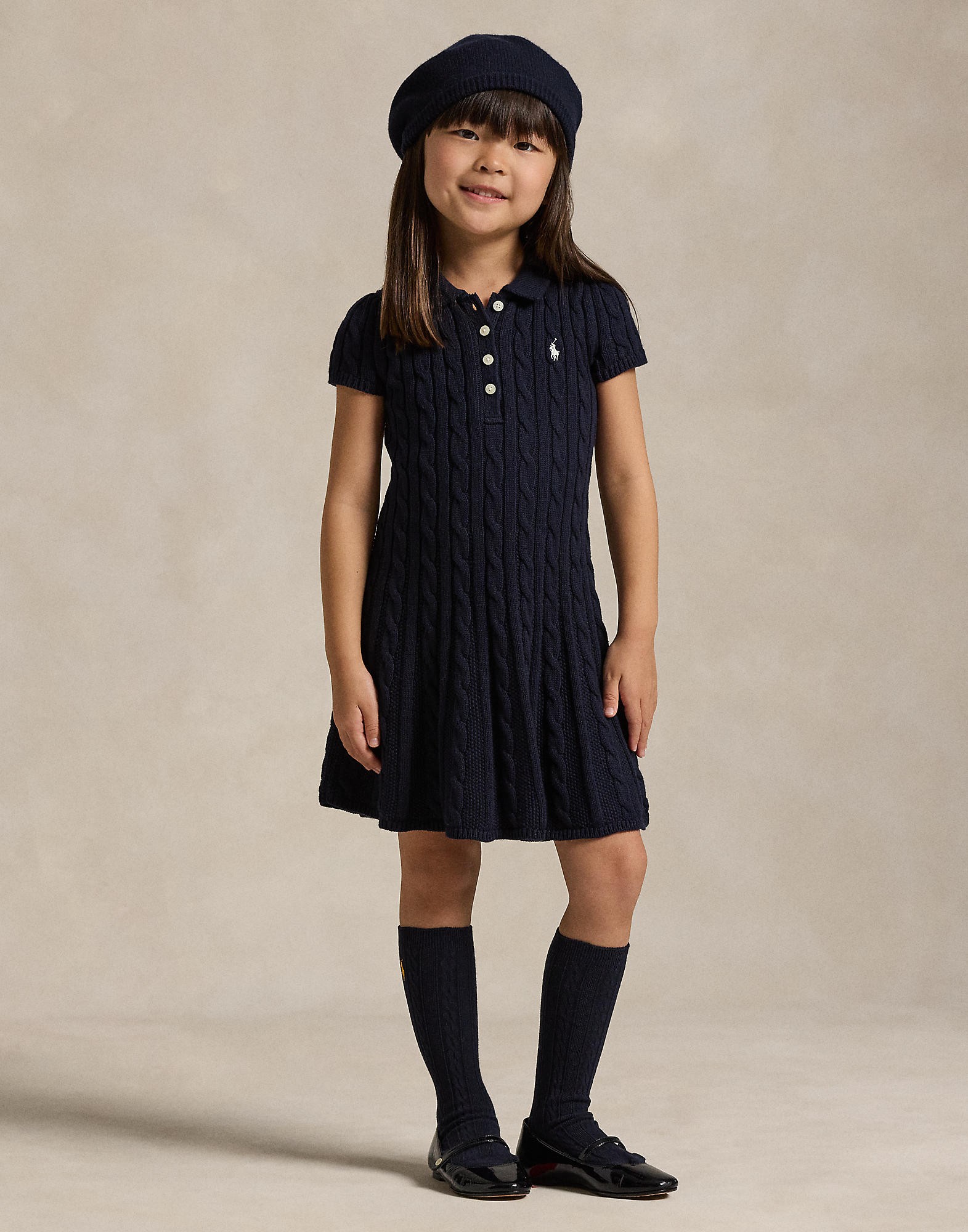 Cableknit Cotton Polo Sweater Dress