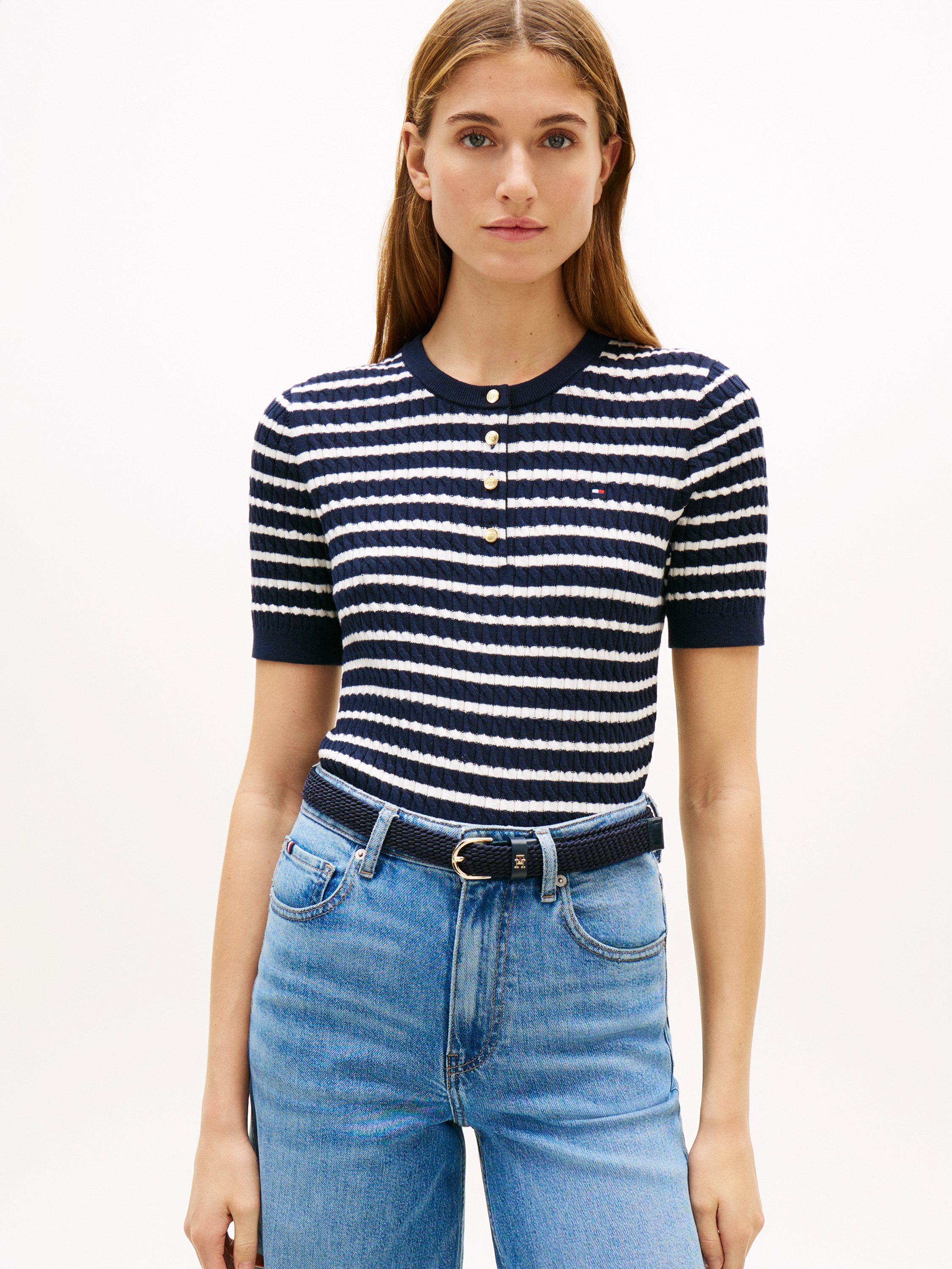 Goldtone Button Cable Knit Short Sleeve Jumper