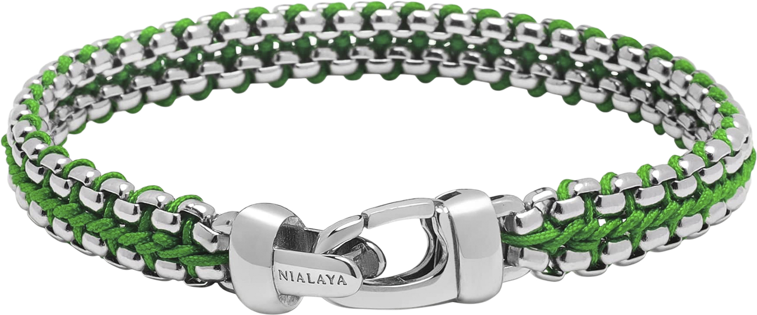 Men&# ; Green Woven 8mm Box Chain Bracelet Silver