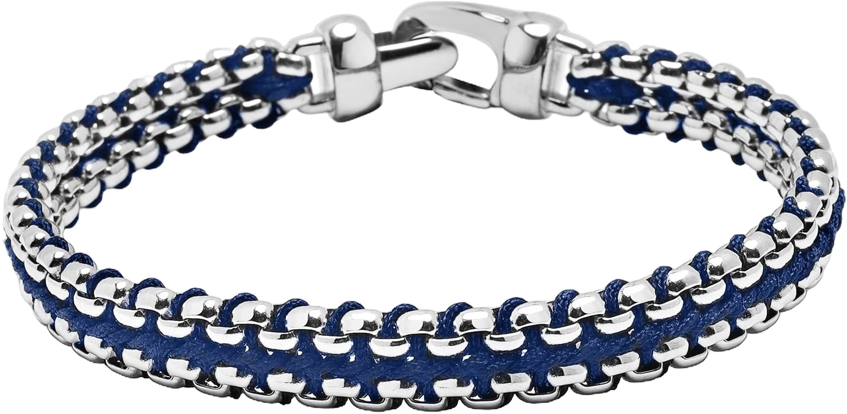 Navy Woven Box Chain Bracelet in Silver