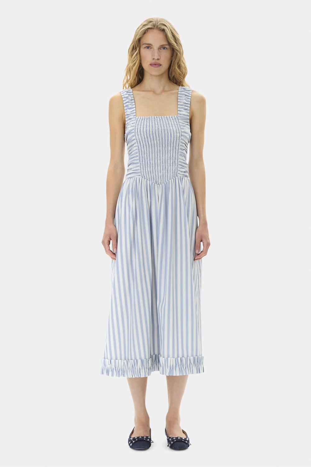 Stripe Cotton Midi Strap Smock Dres