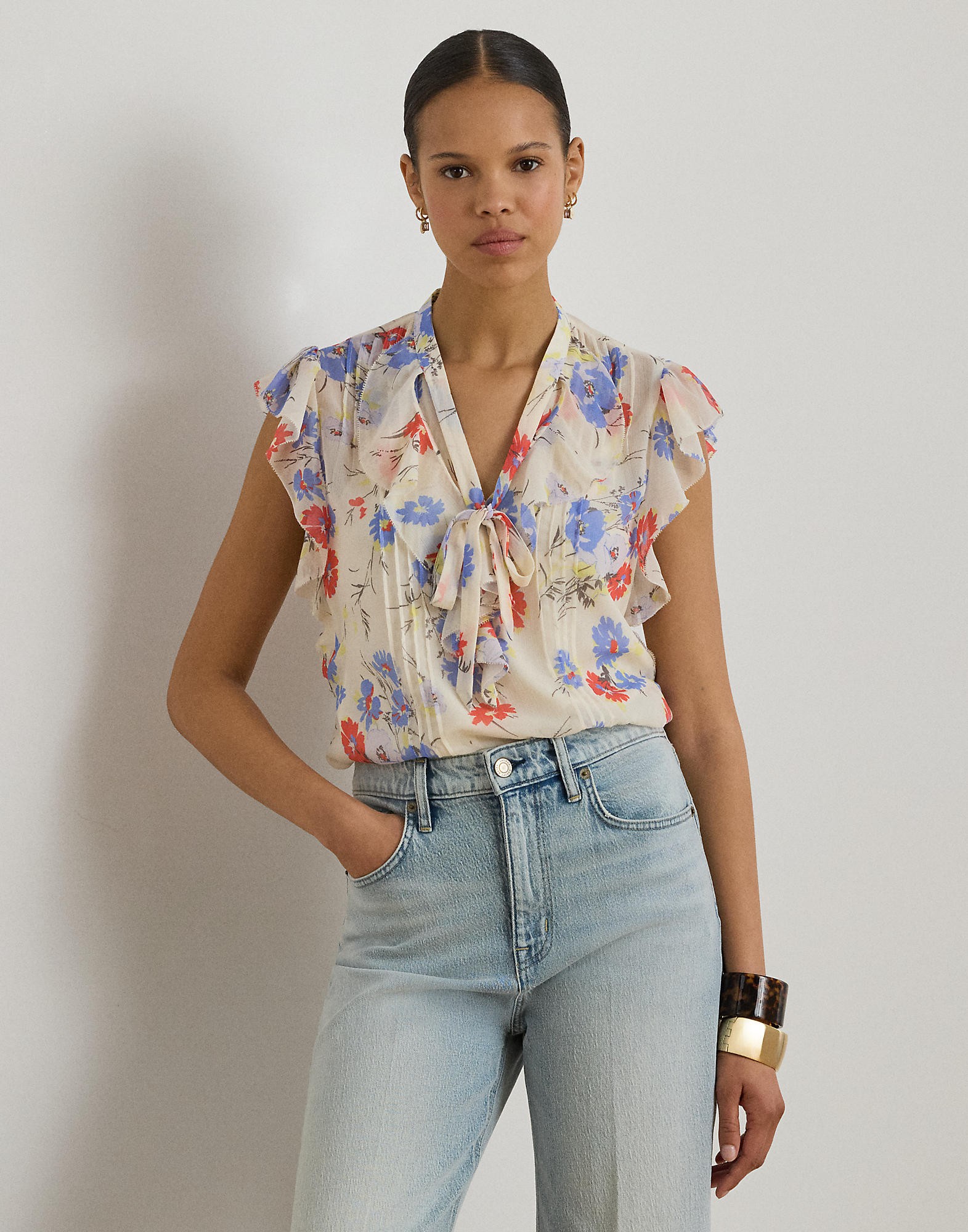Floral Pintucked Tieneck Blouse
