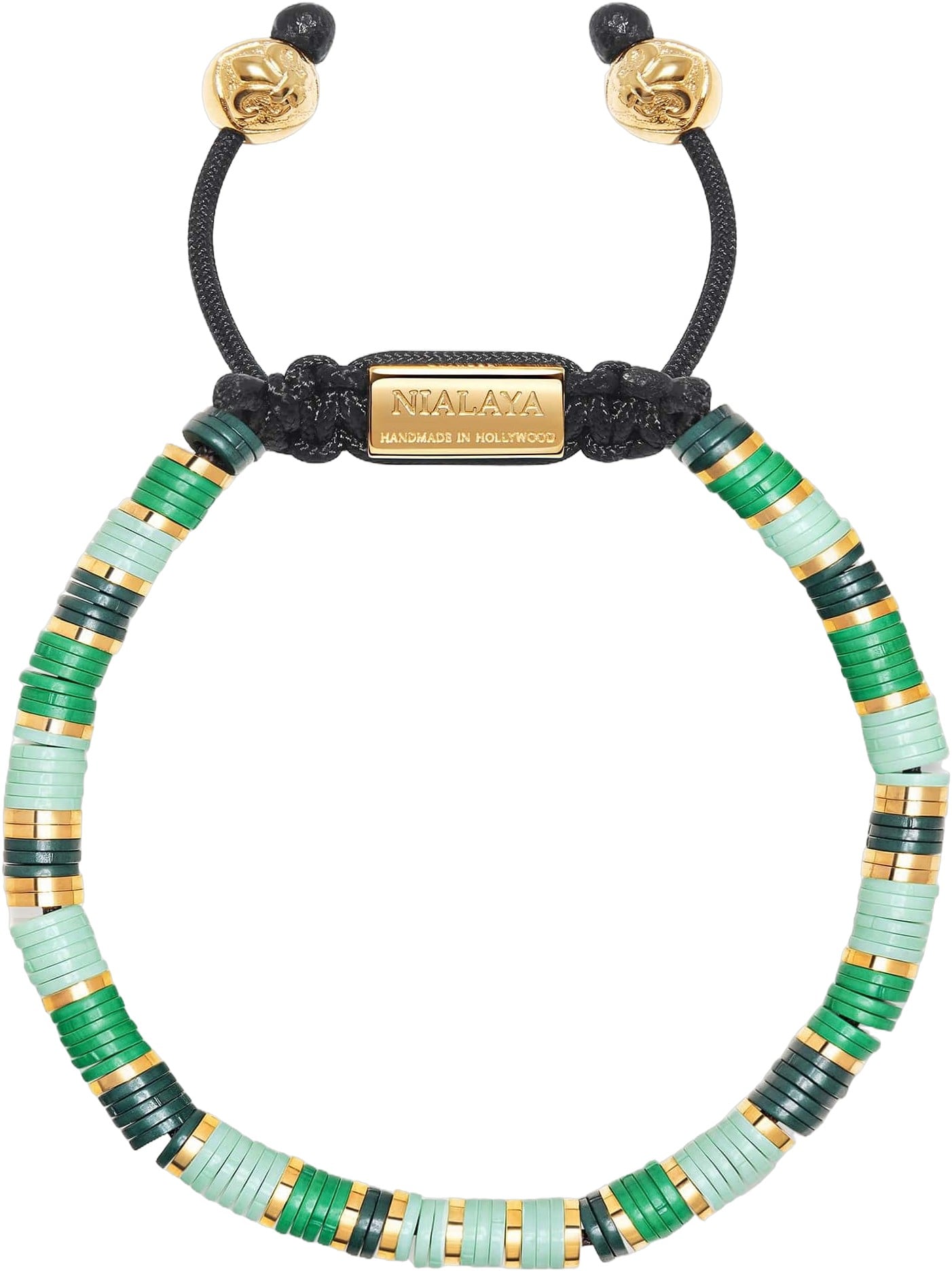 Men's Beaded Bracelet With Light Green and Gold Disc Beads