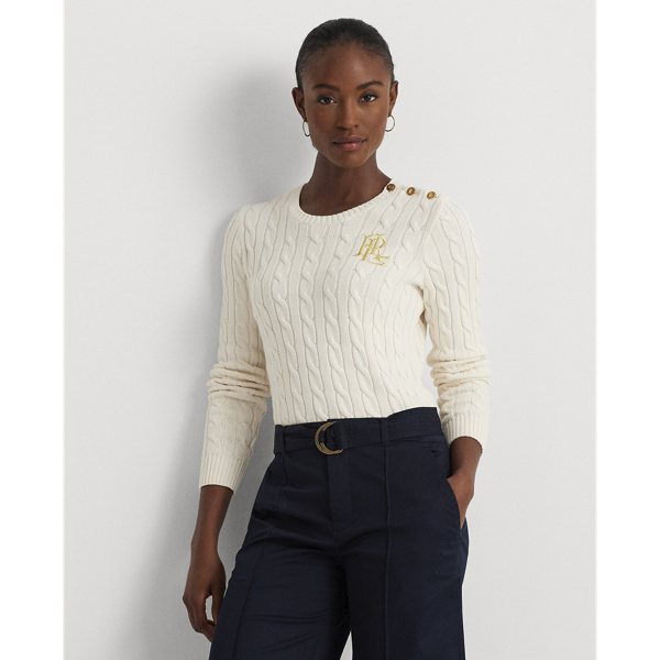 Buttontrim Cable-knit Cotton Sweater