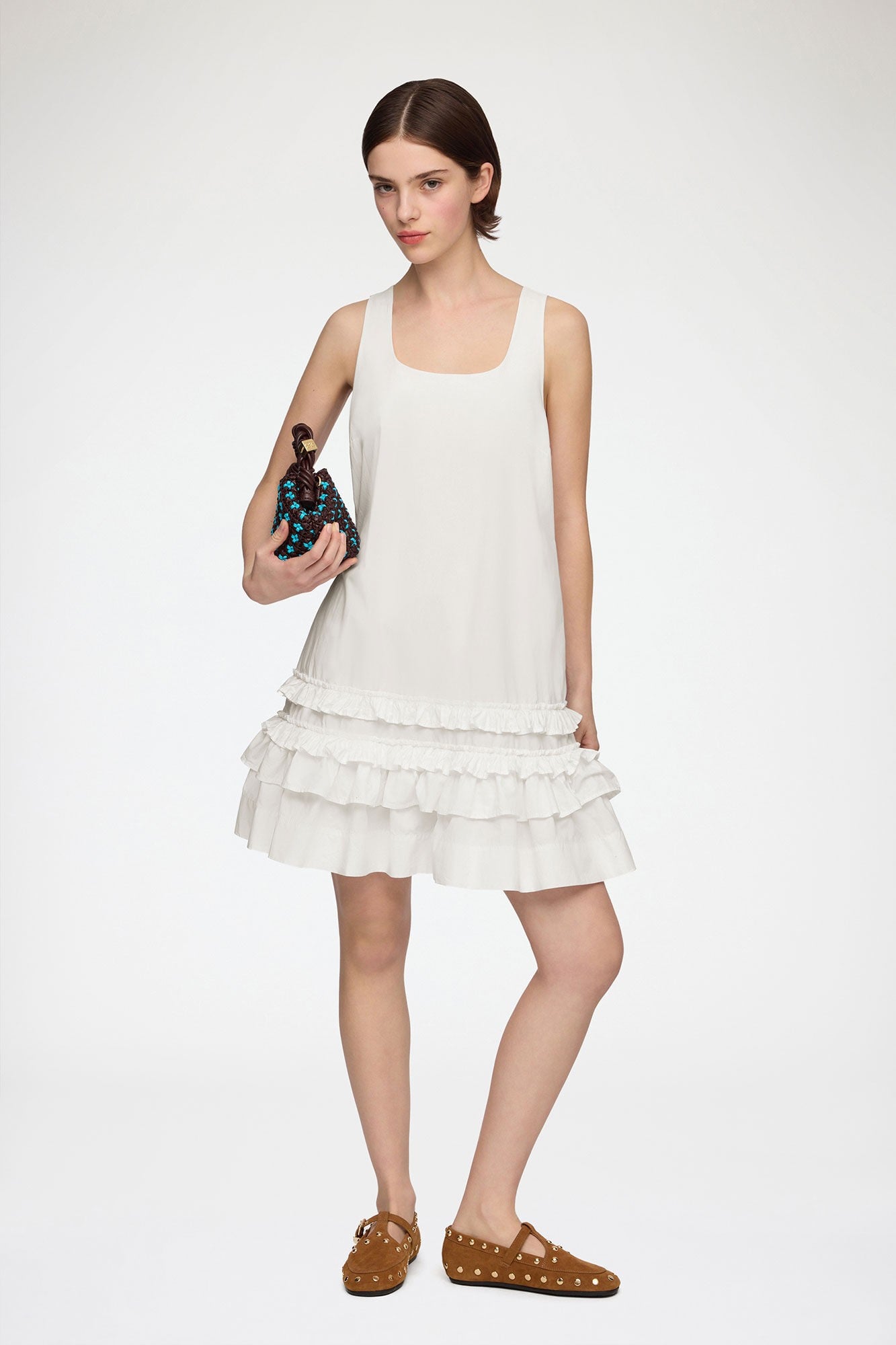 Cotton Poplin Uneck Mini Dress