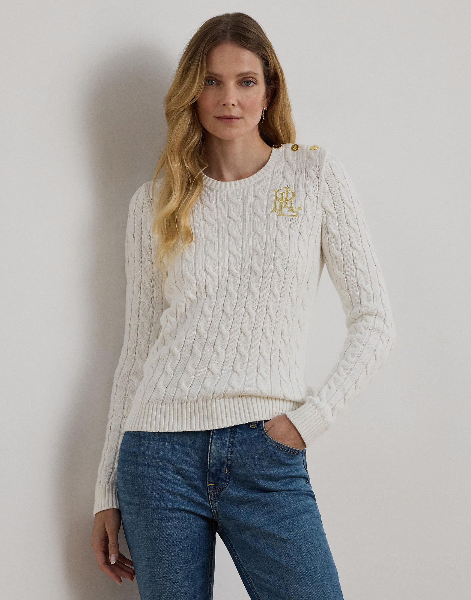 Buttontrim Cable-knit Cotton Sweater