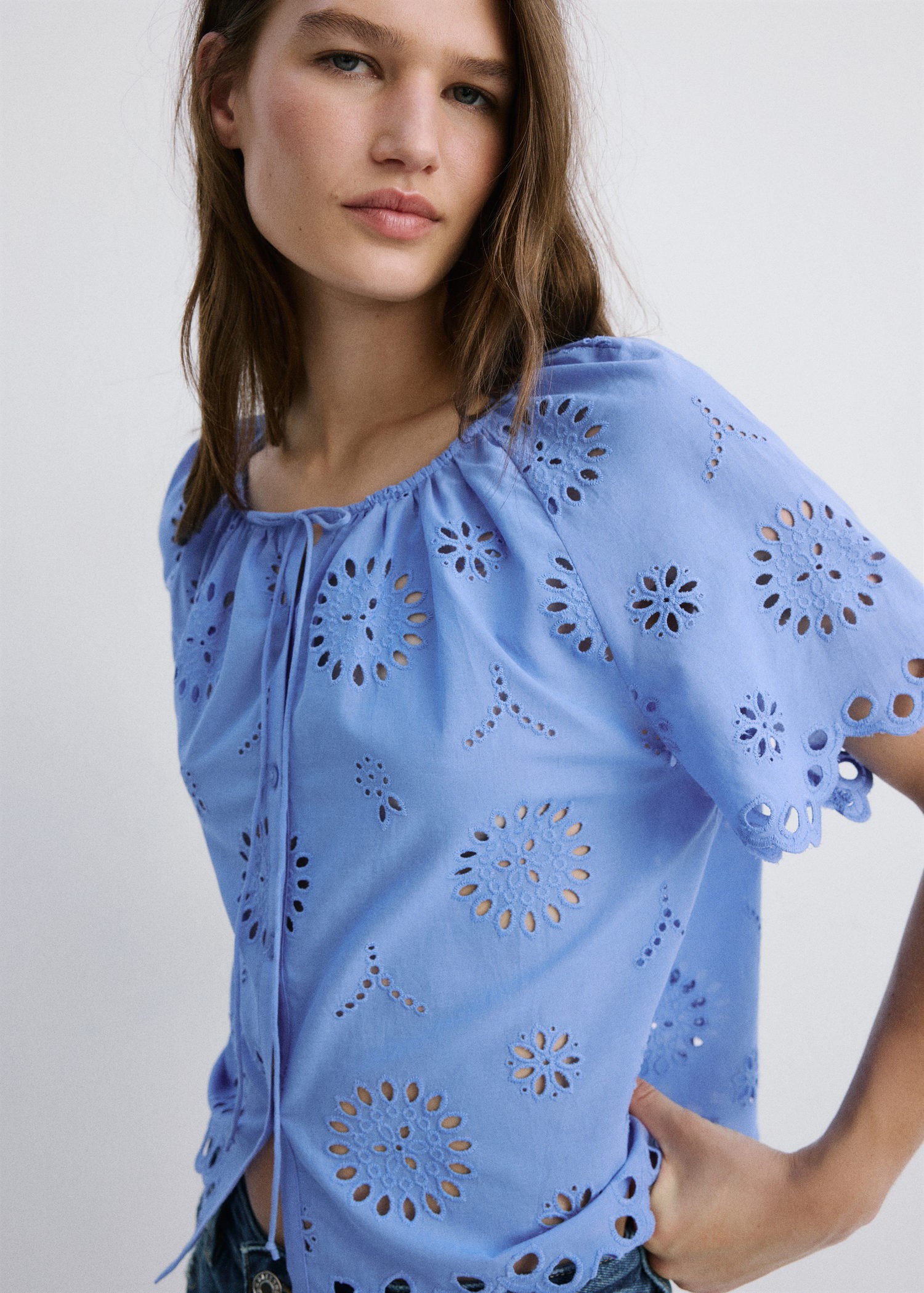100% Cotton Blouse With Lace Embroi