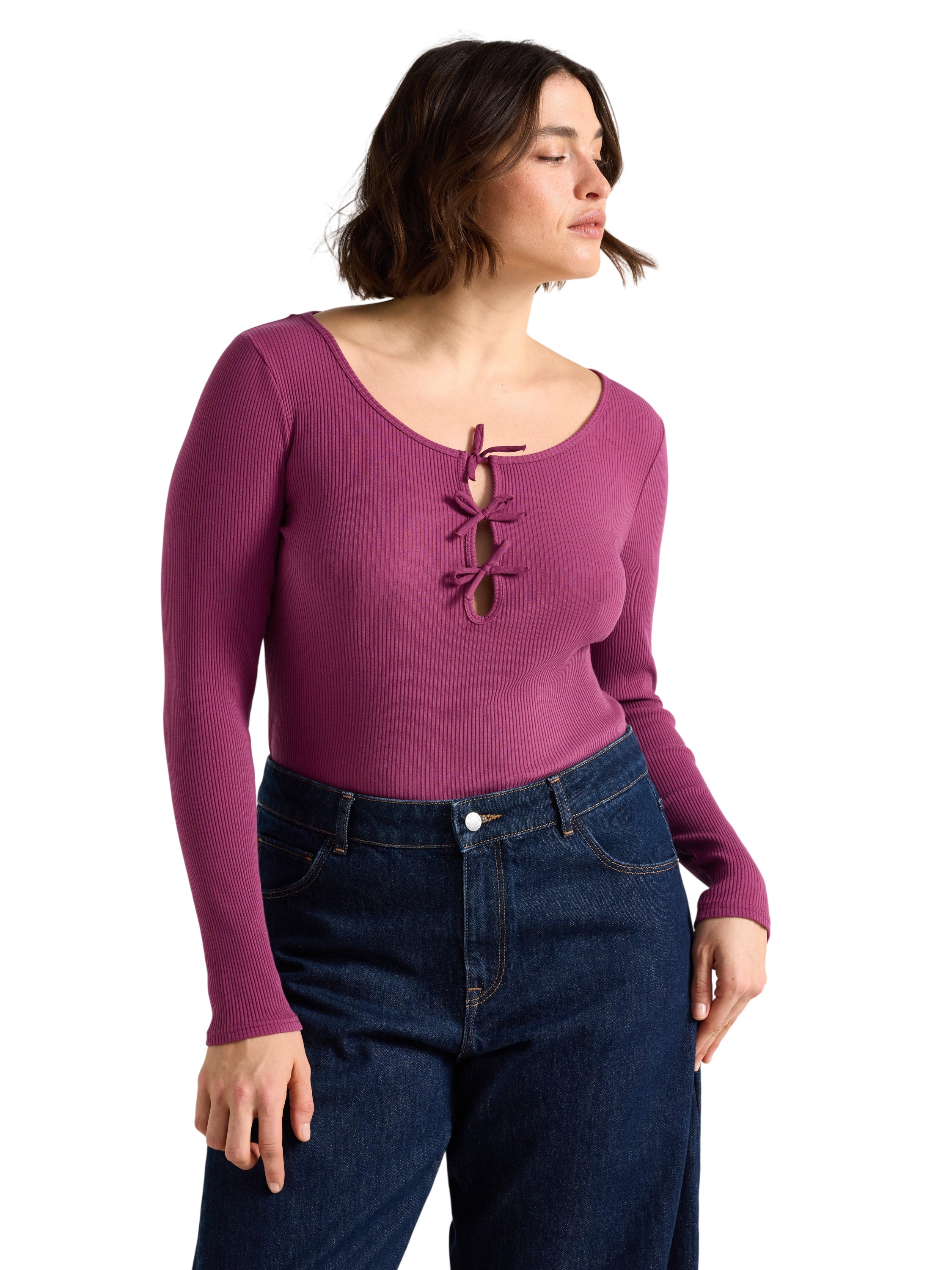 Ribbad Långärmad Topp med Knytbands