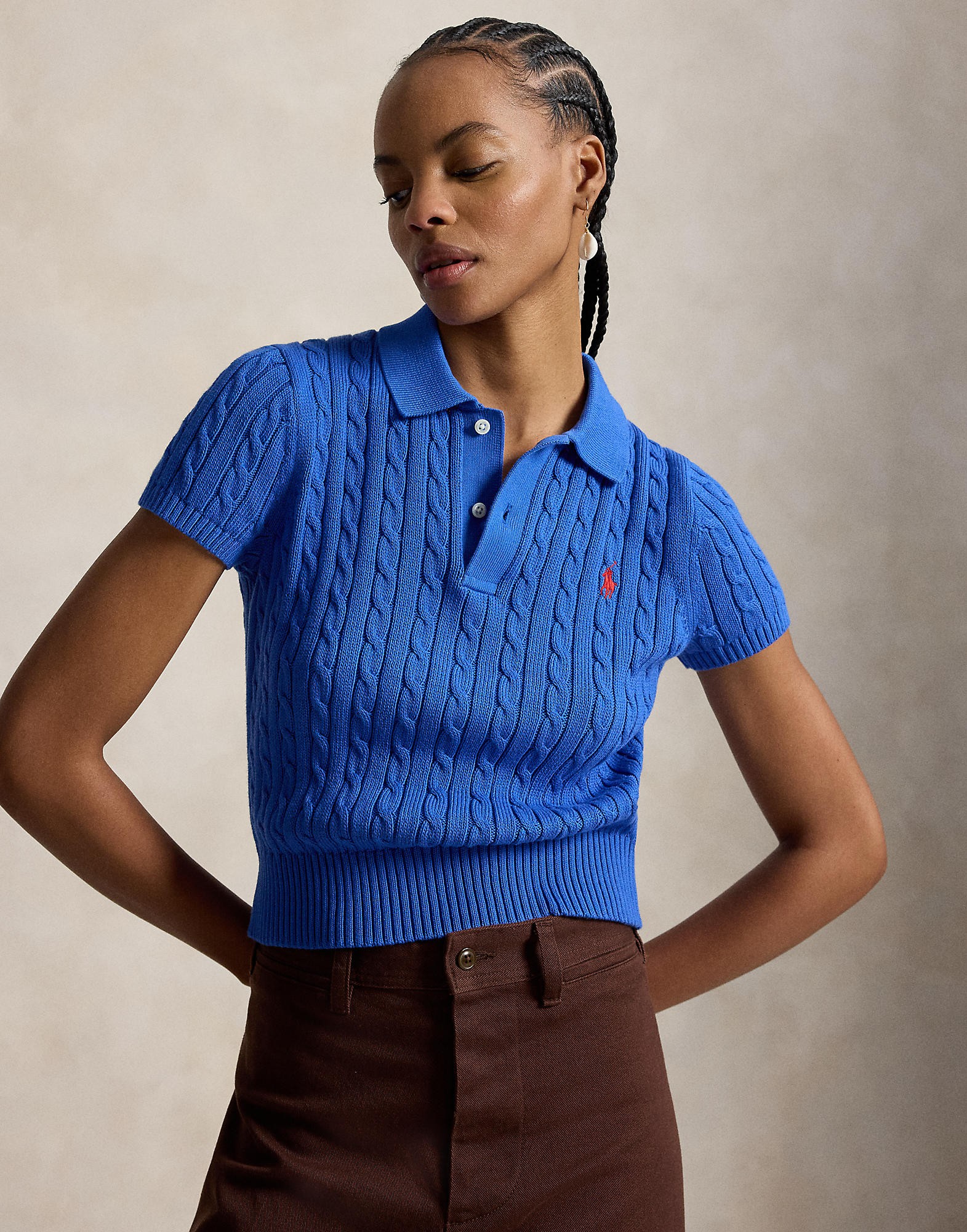 Cableknit Cotton Cropped Polo Shirt