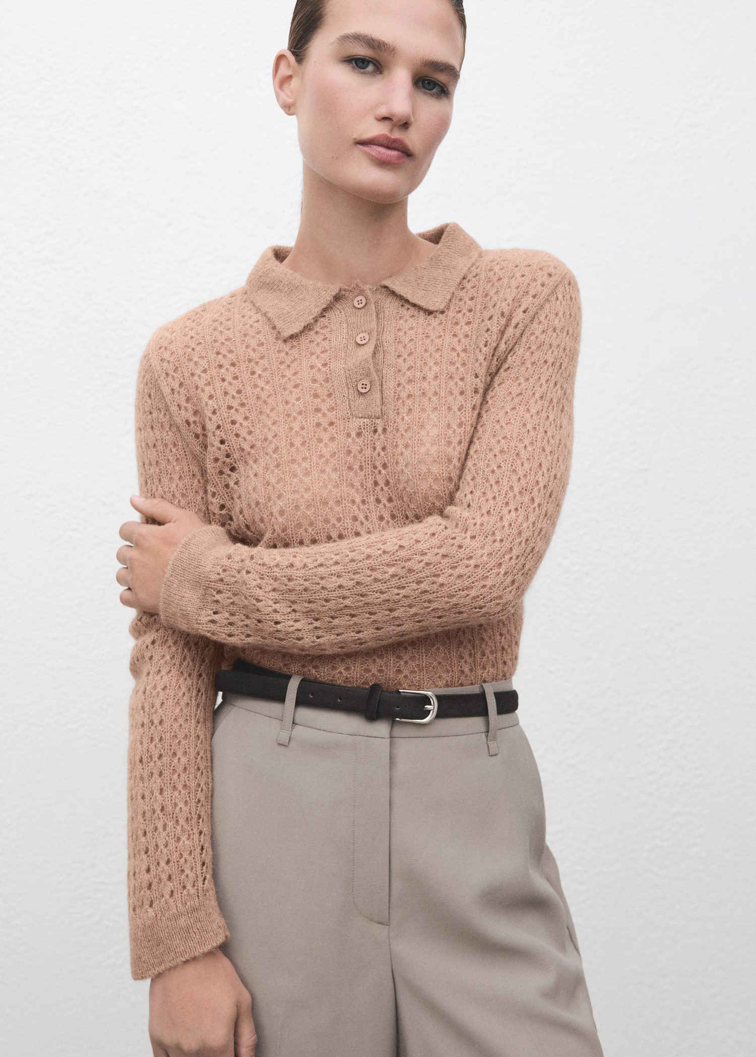 Openwork Knitted Poloneck Sweater