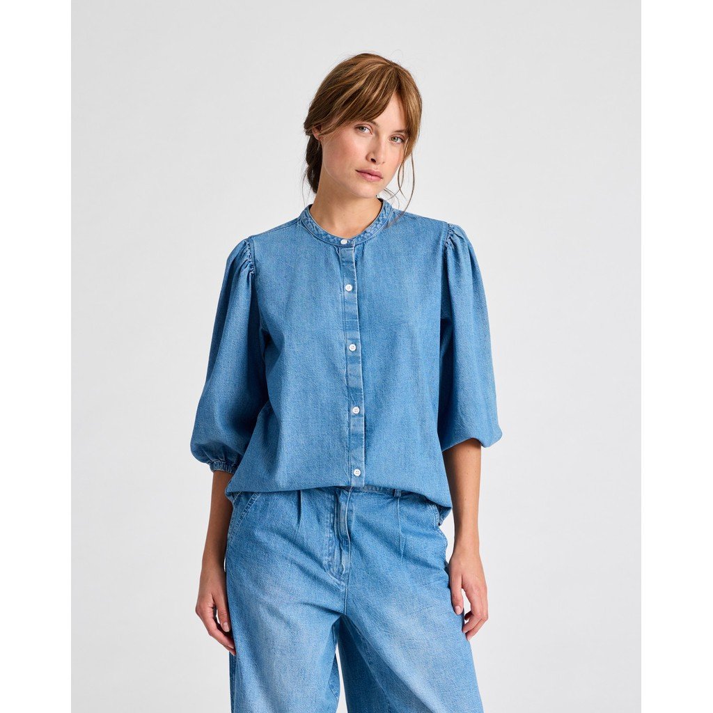 Elinor L/S Cotton Denim Light Washed Stand Collar Shirt Gots