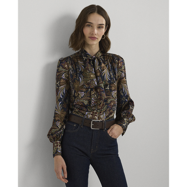 Paisley Satin Charmeuse Tieneck Blouse