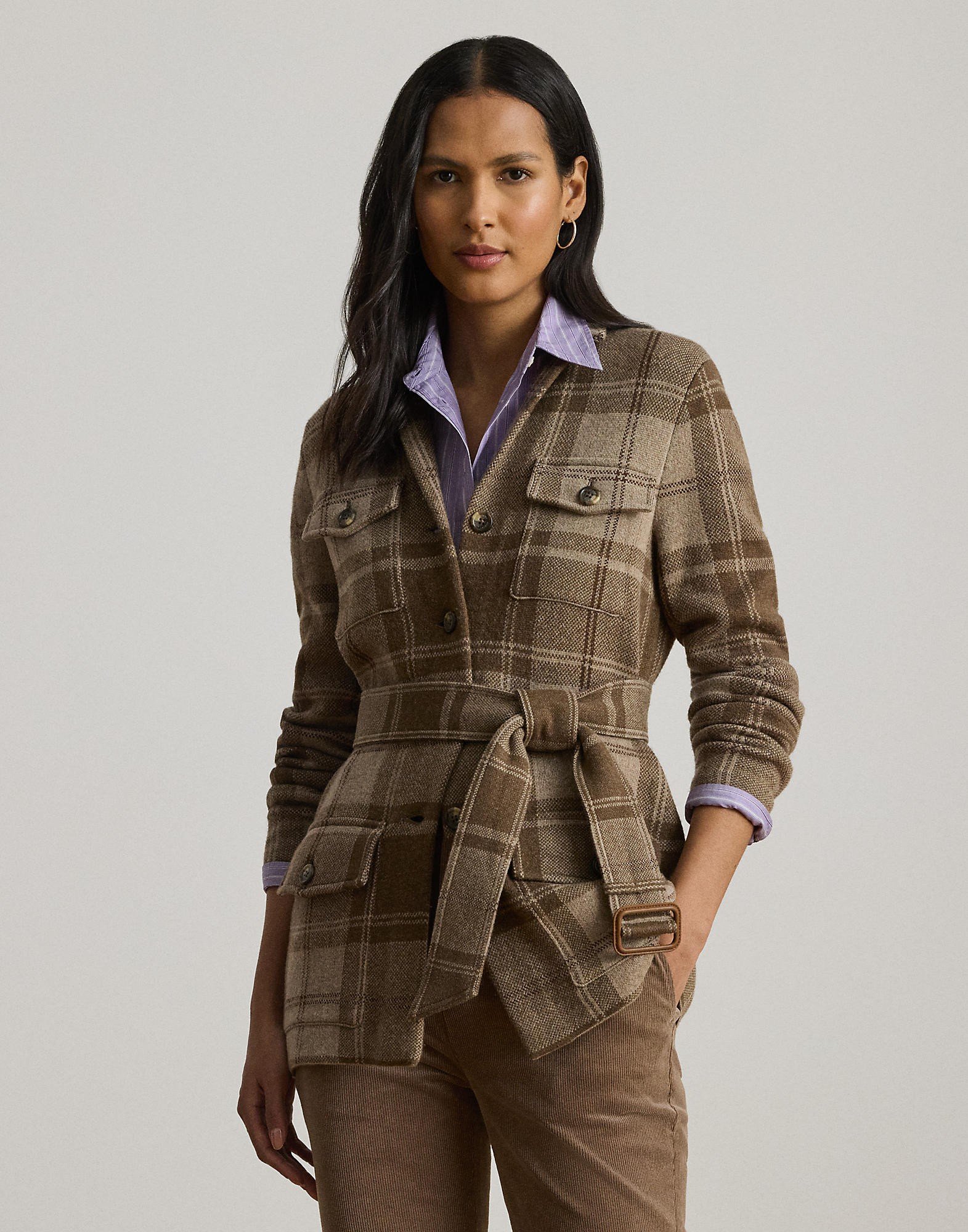 Plaid Belted Doubleknit Blazer