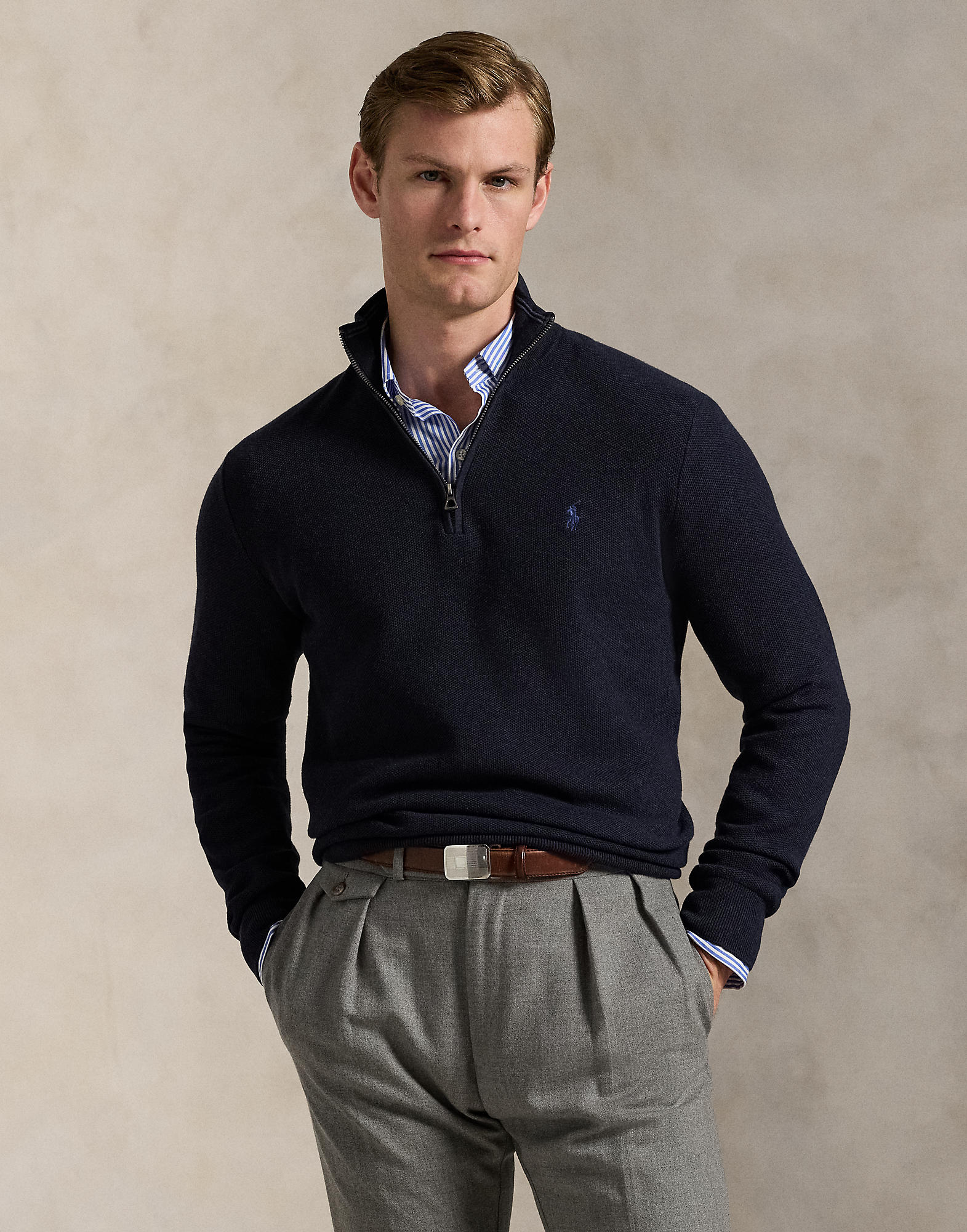 Meshknit Cotton Quarter-zip Sweater