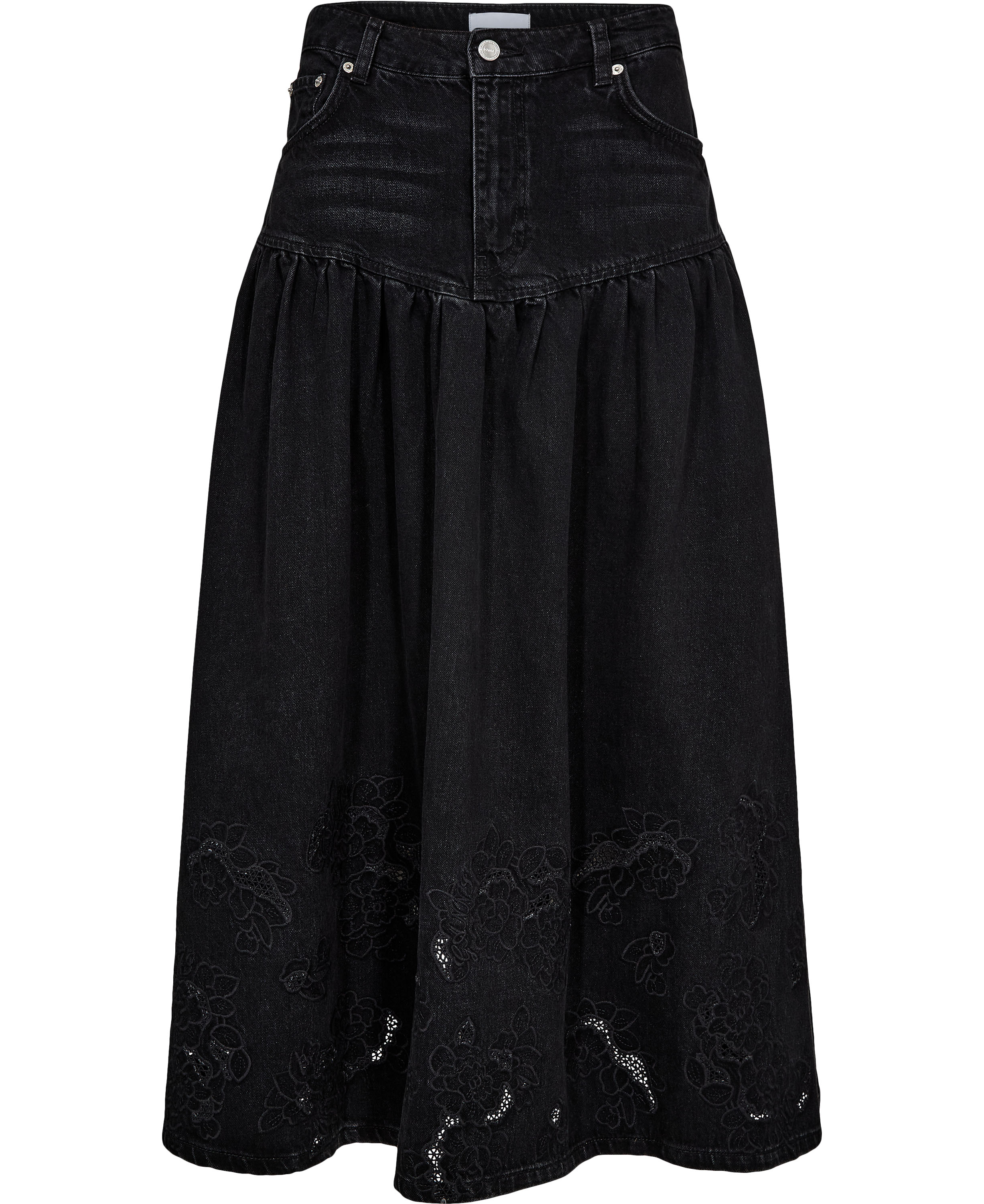 Broderie Anglaise Denim Long Skirt
