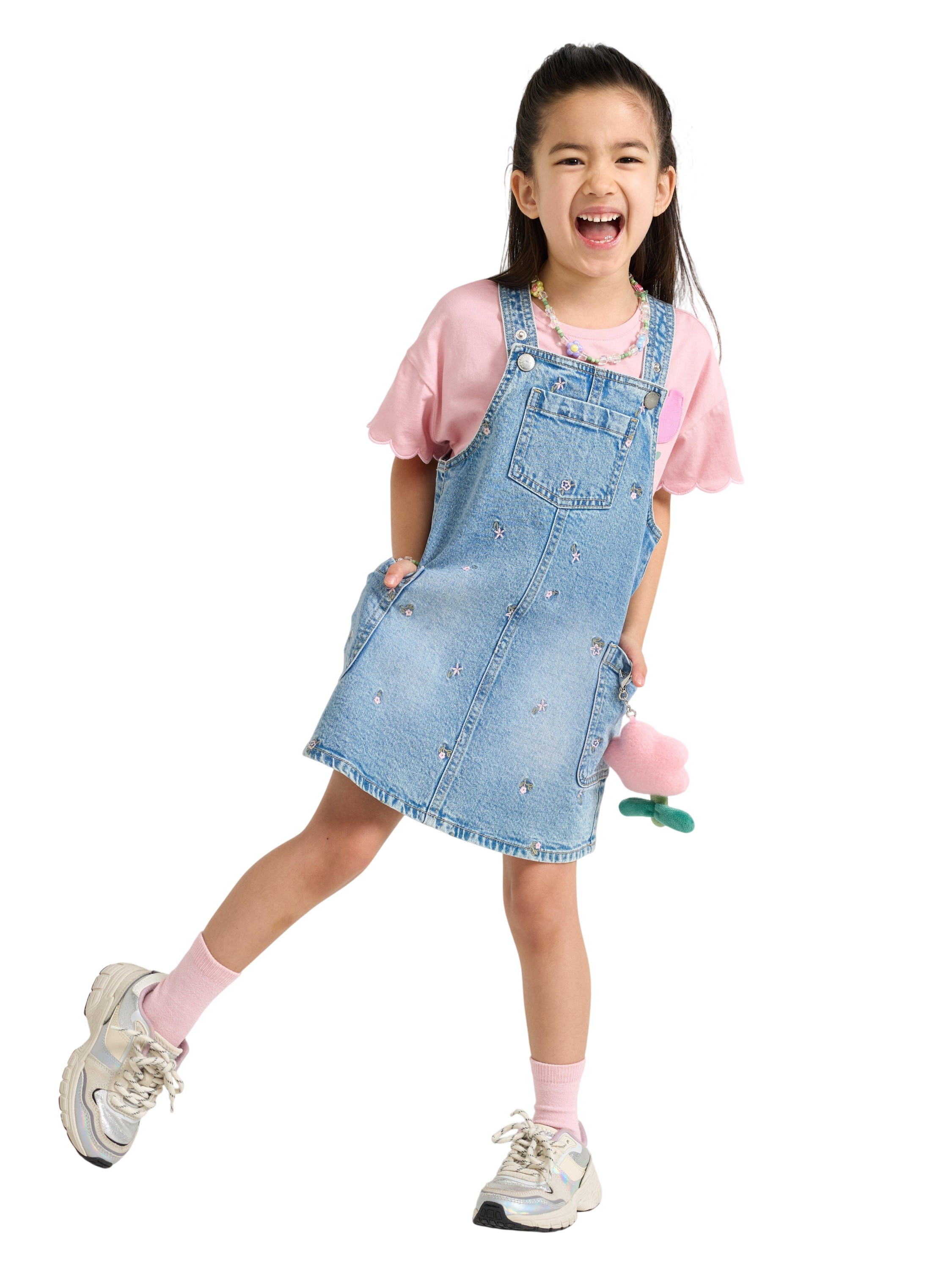 Dungaree Dress in Denim With Embroi