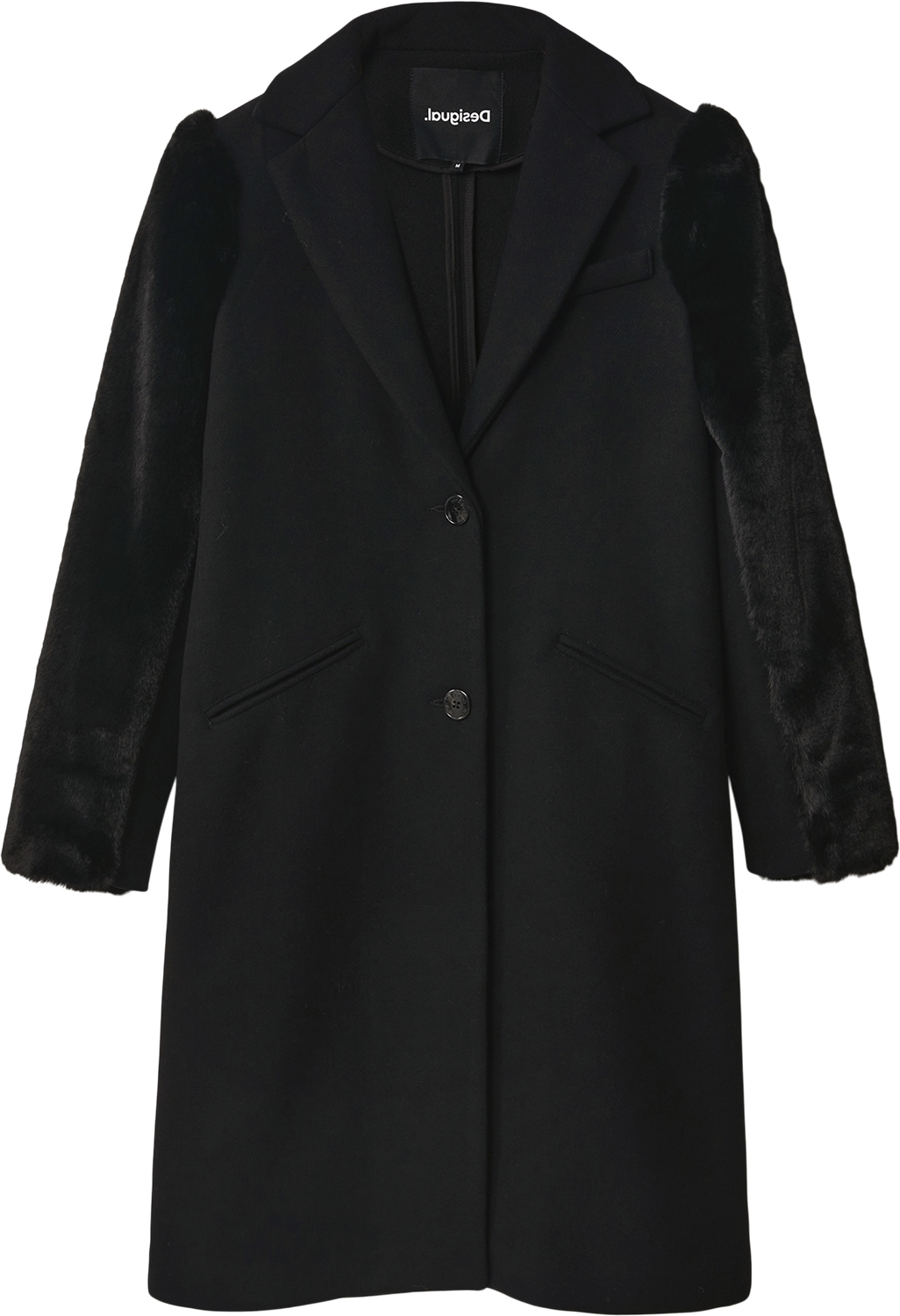 Straight Long Black Coat With Syntheticfur Sleeves