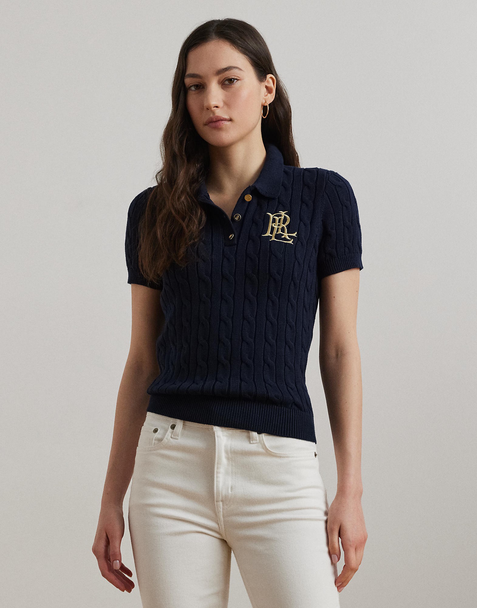 Cableknit Cotton Polo Sweater
