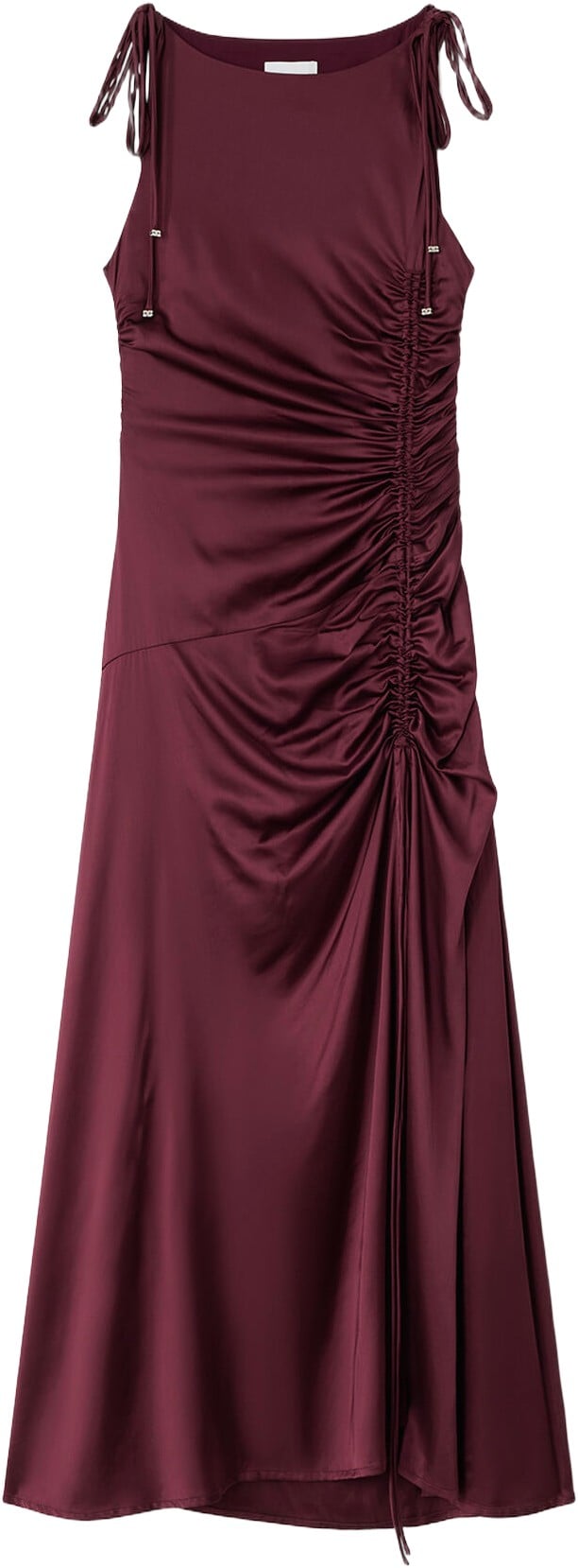 Stretch Satin Gathered Long Dress