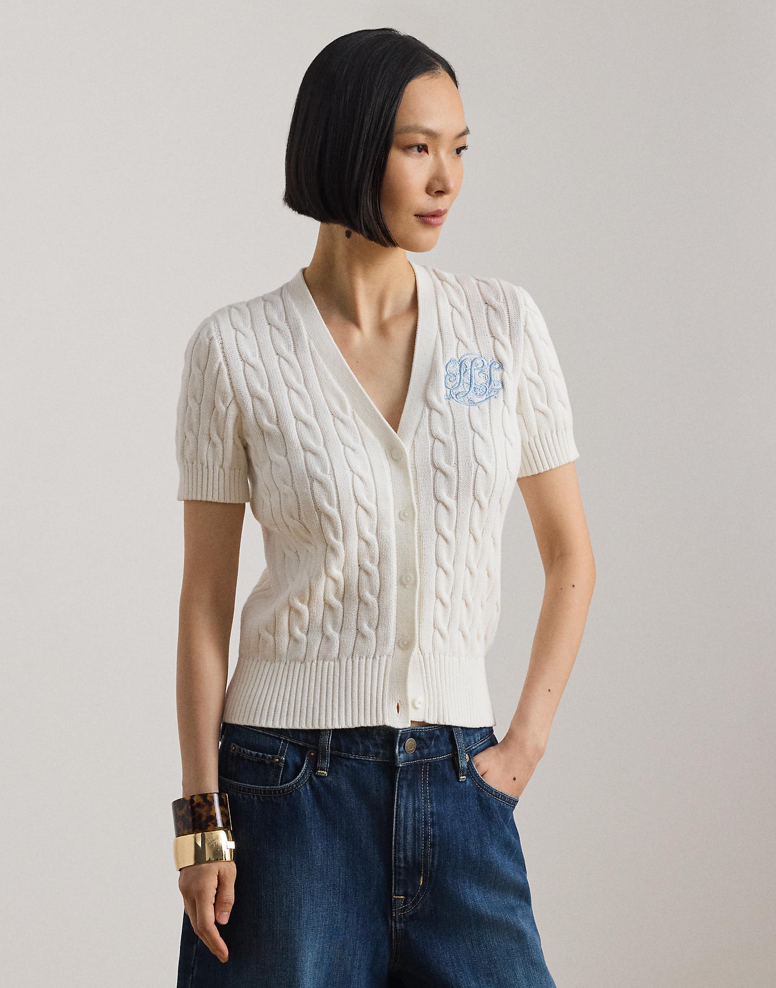 Cableknit Cotton Short-sleeve Cardigan - Køb til DKK 1.046 - Spar 25%