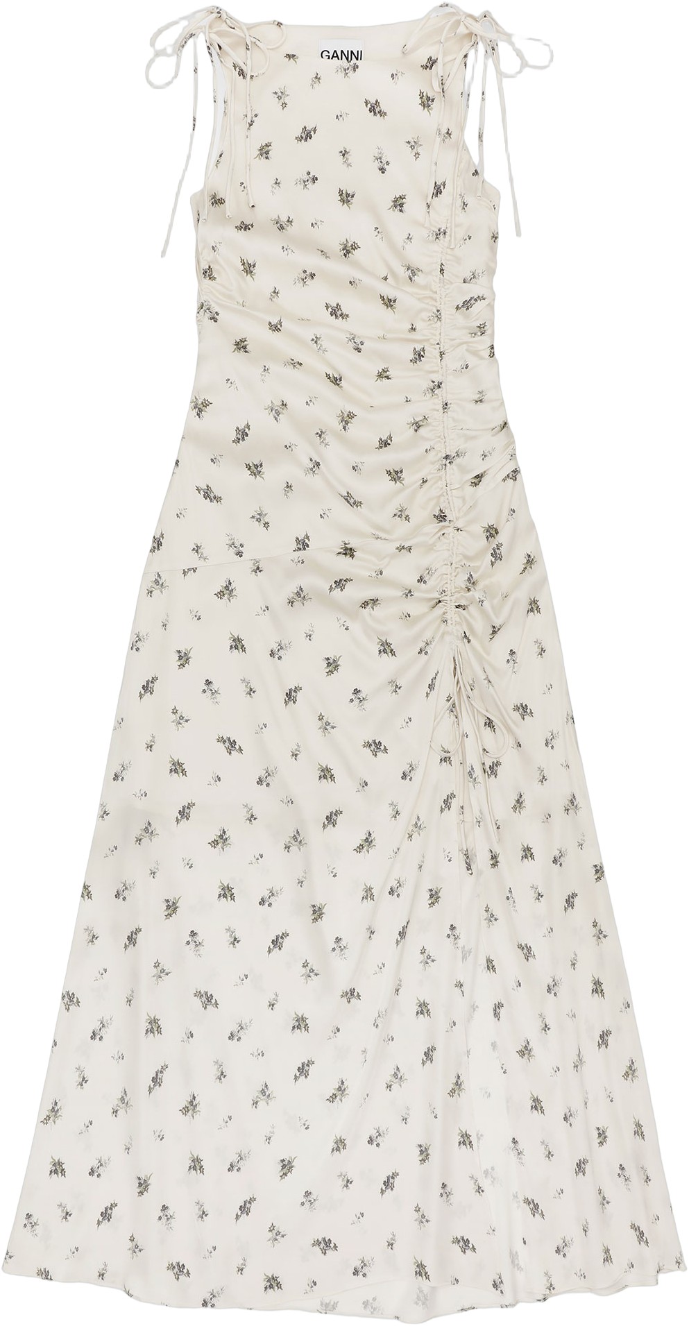 Printed Satin Gathered Long Dress