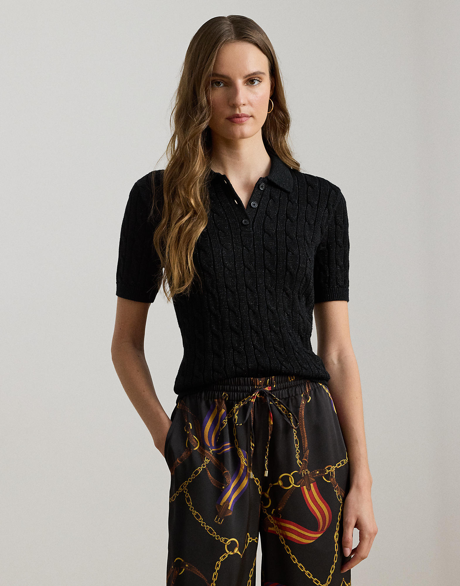 Metallic Cableknit Polo Sweater