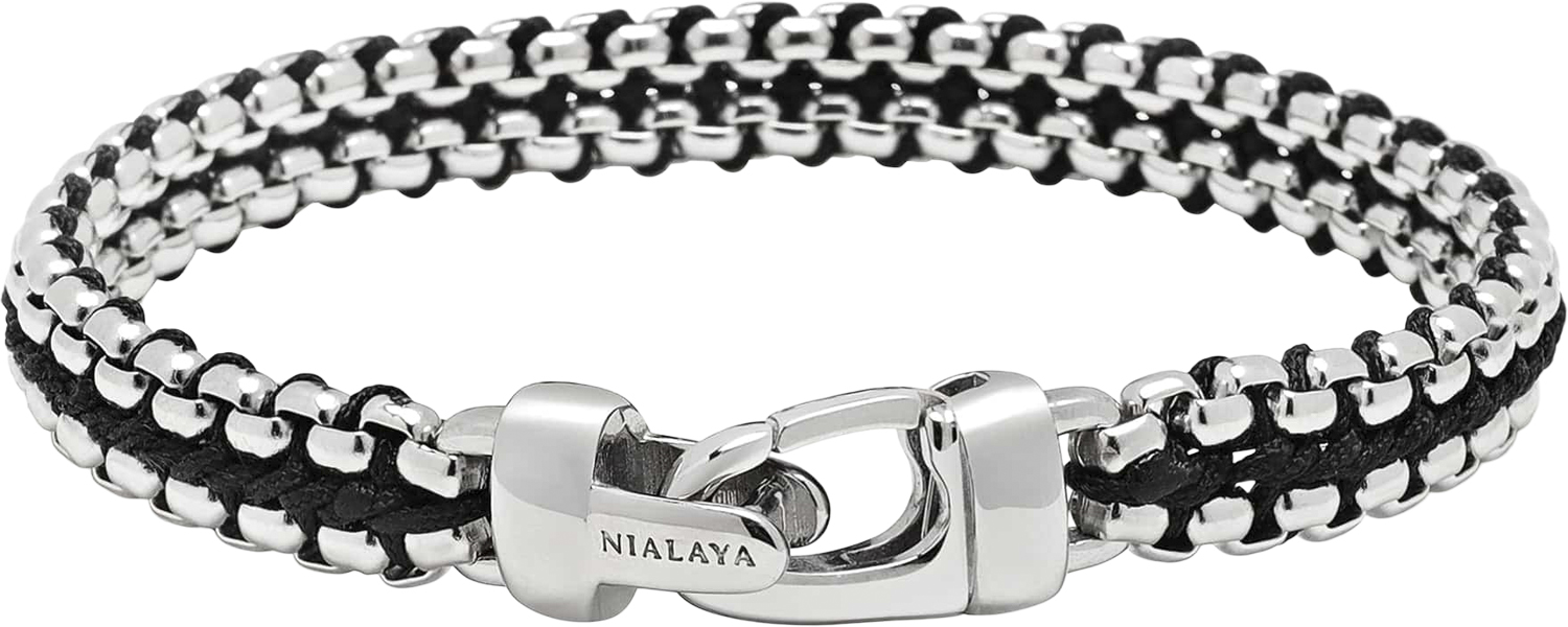 Men&# ; Black Woven 8mm Box Chain Bracelet Silver