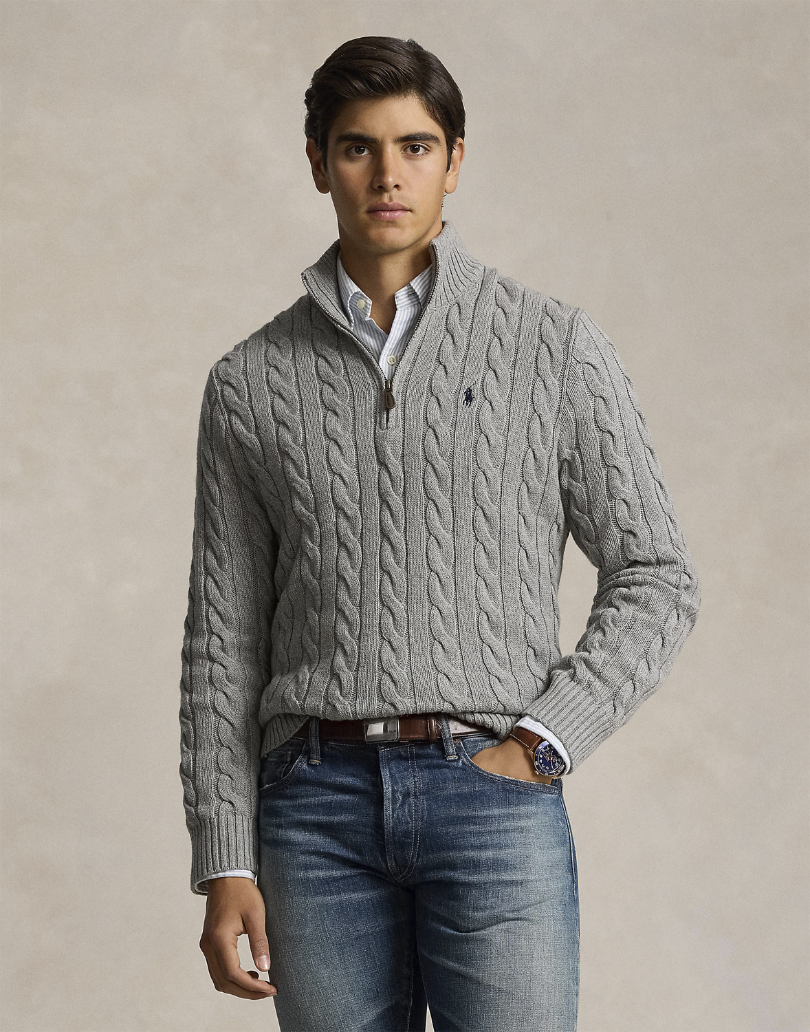 Cableknit Cotton Quarter-zip Sweater