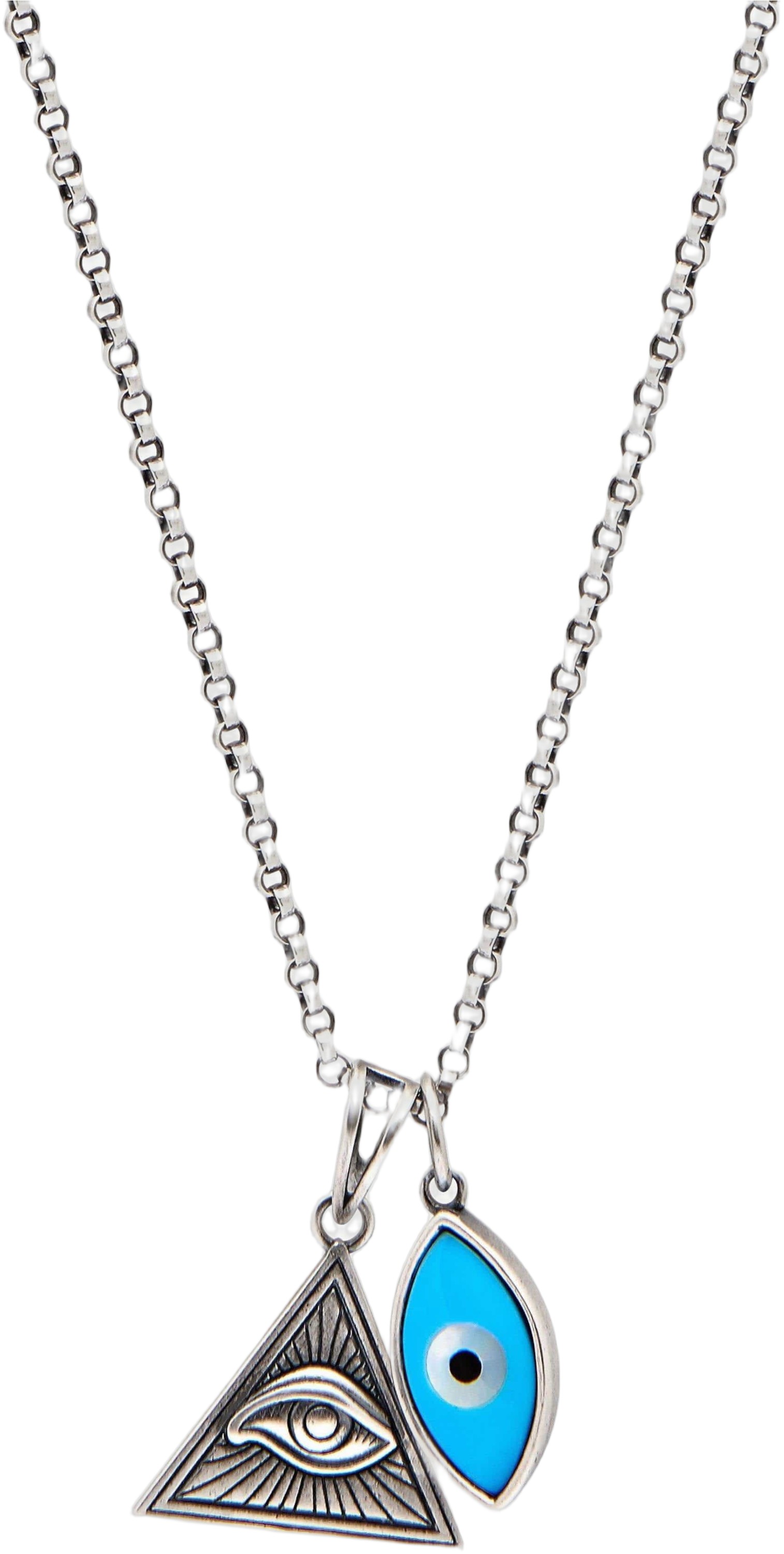 Men&#39;s Silver Necklace With Turquoise Evil Eye and Eye of Ra