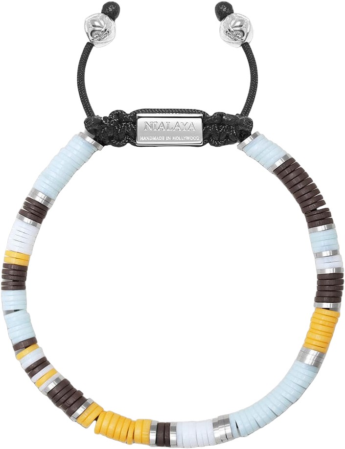 Men&#39;s Beaded Bracelet With Blue, Brown, Orange, White, and Silver Disc