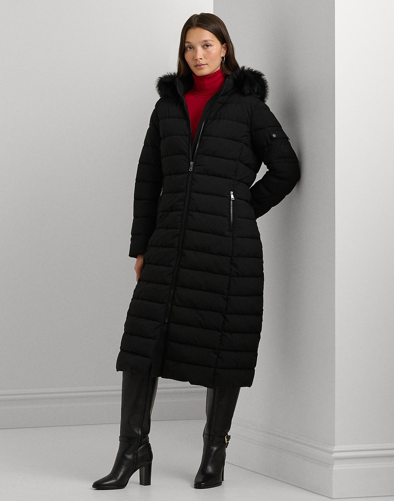 Fauxfur-trim Quilted Hooded Coat