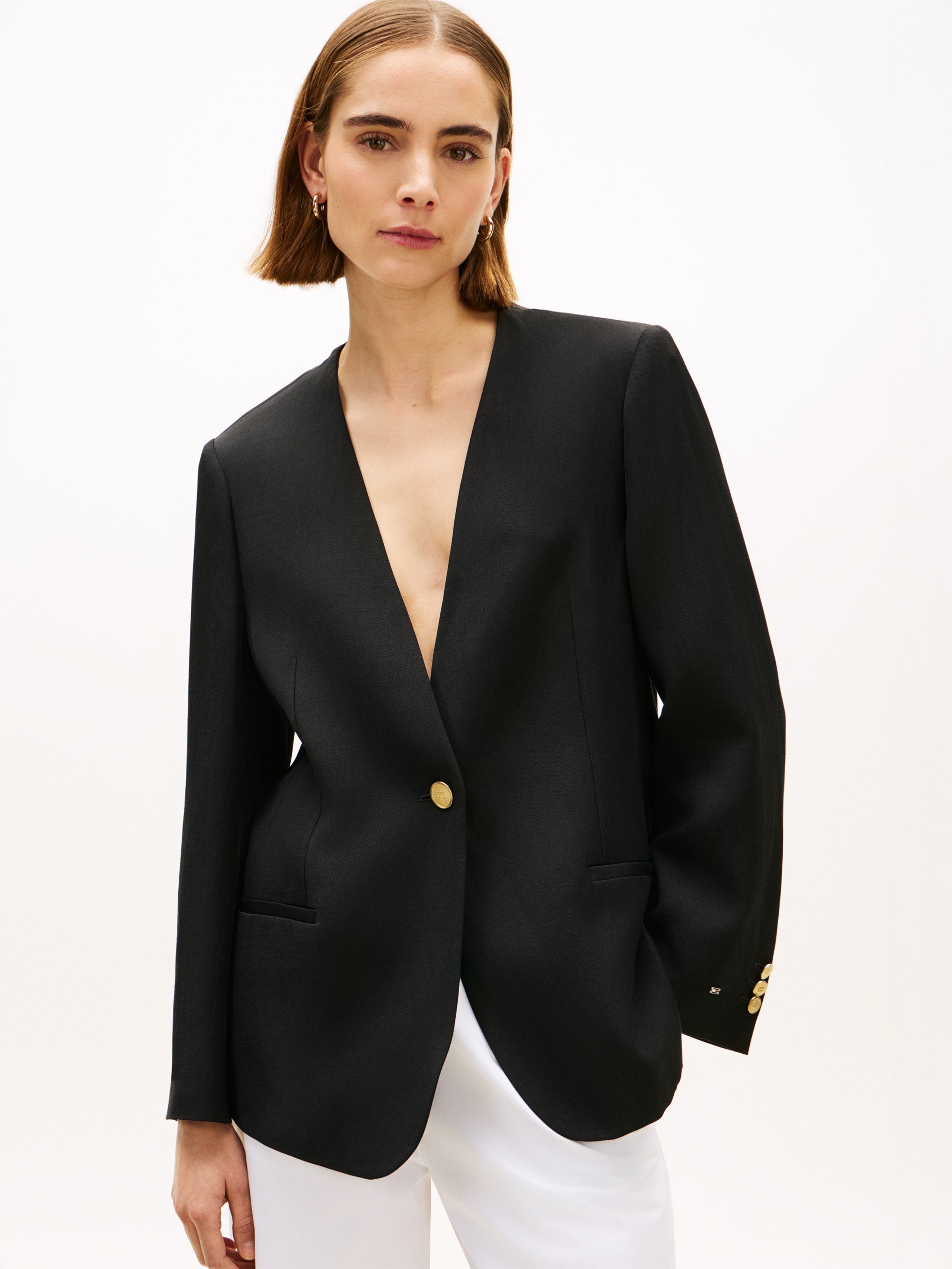 Goldtone Button Relaxed Linen Blend Blazer