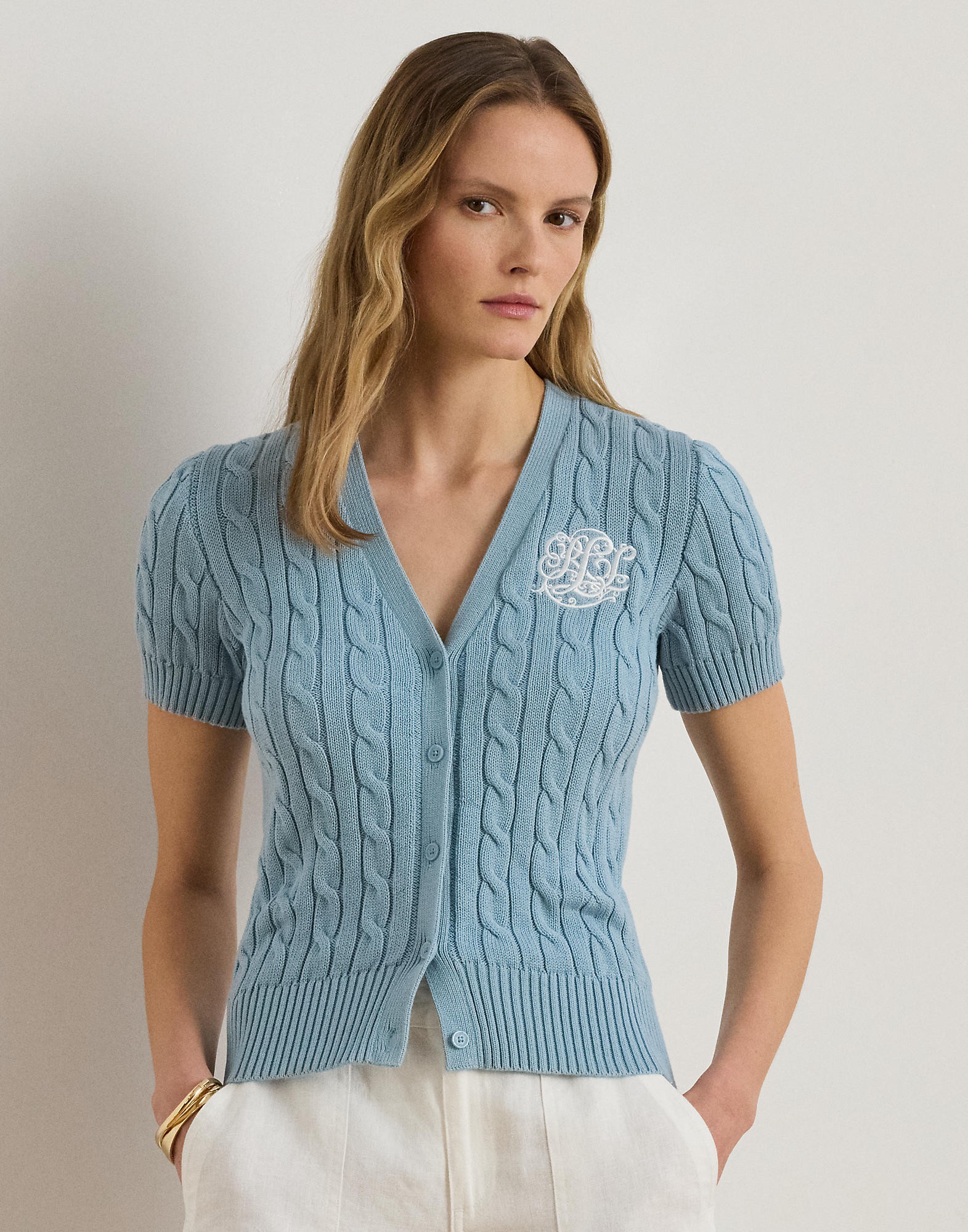 Cableknit Cotton Short-sleeve Cardigan