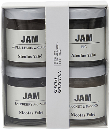 Jam, 4 x 40 g. , Raspberry & Ginger, Passion & Coconut, Apple