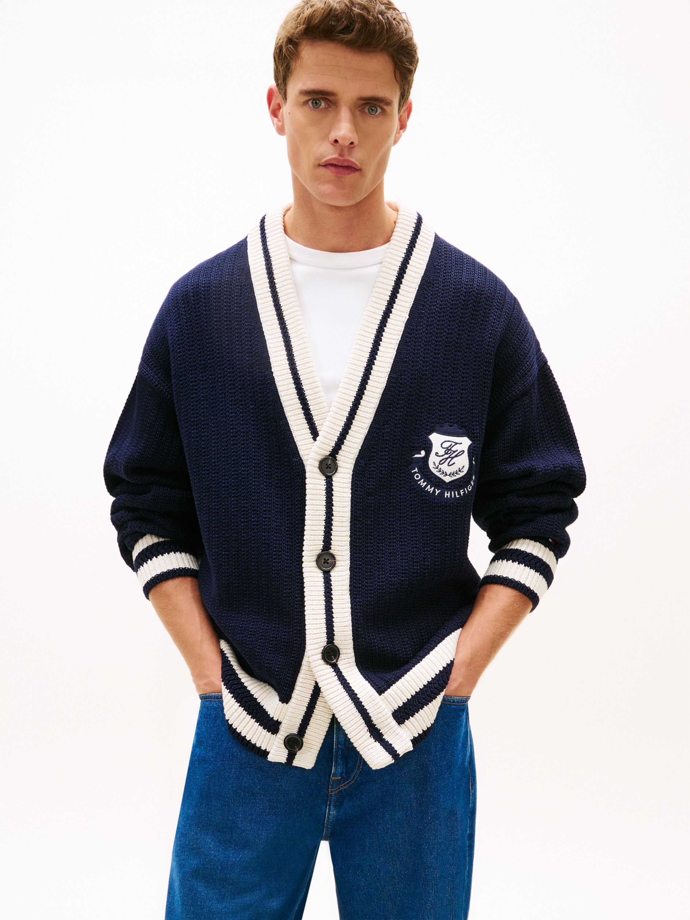 Crest Appliqué Athleisure Vneck Cardigan